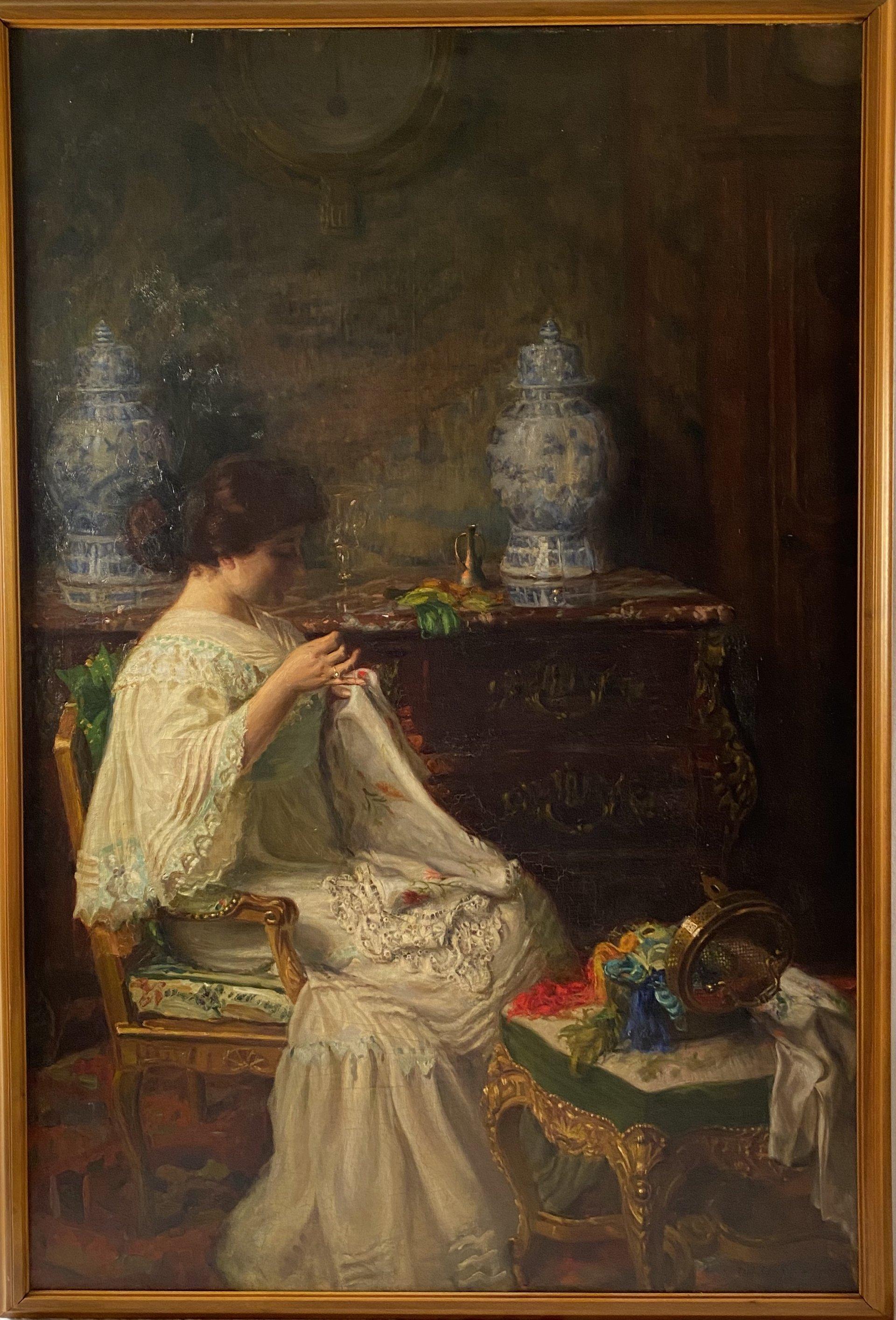 SEAMSTRESS IN INTERIOR (1907) BY PAUL ÉDOUARD DELIGNY - Painting by Paul Édouard Deligny