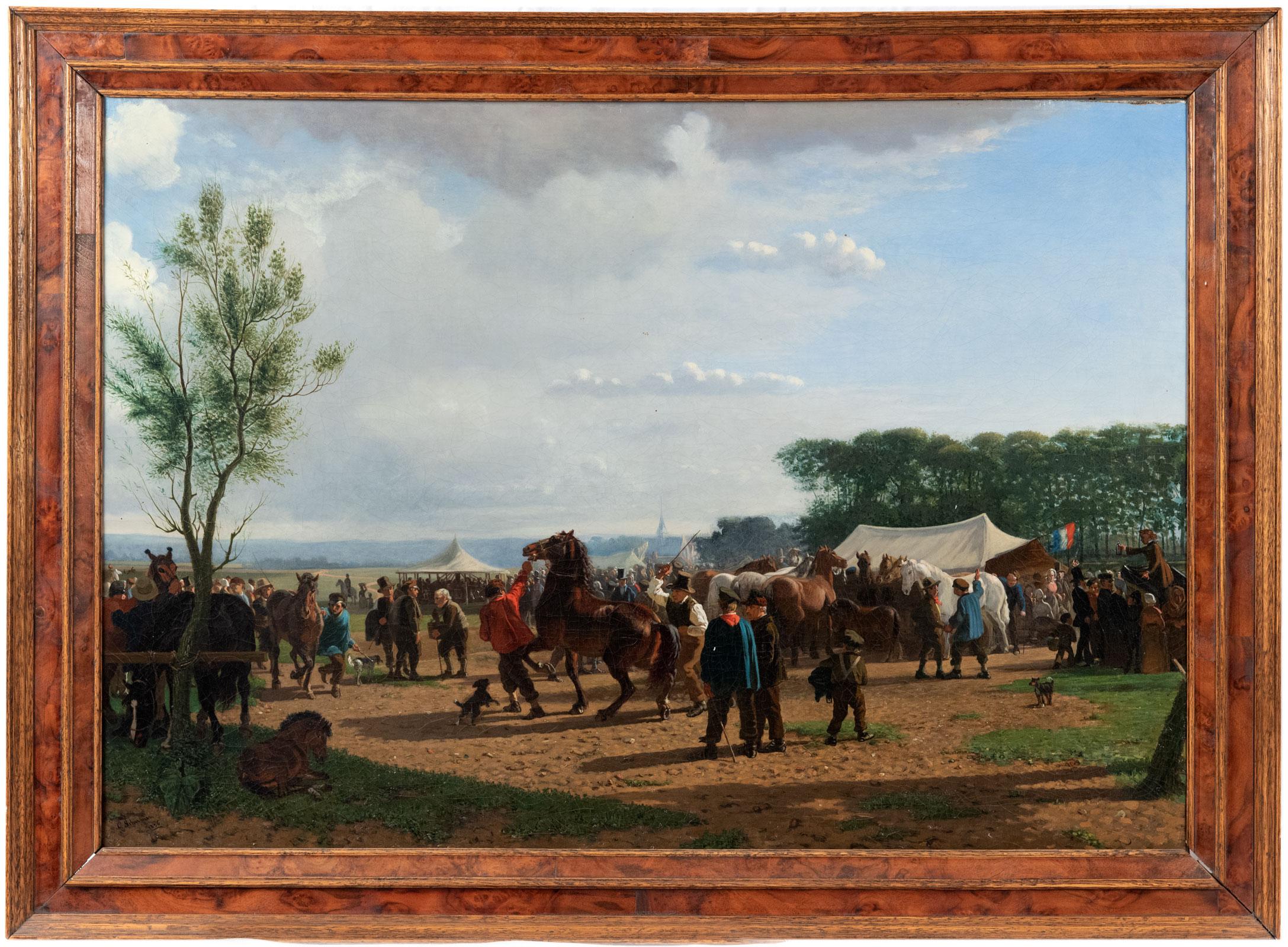 THE HORSE FAIR (1856) BY CORNELIS SCHERMER - Painting by Cornelis Albertus Johannes Schermer