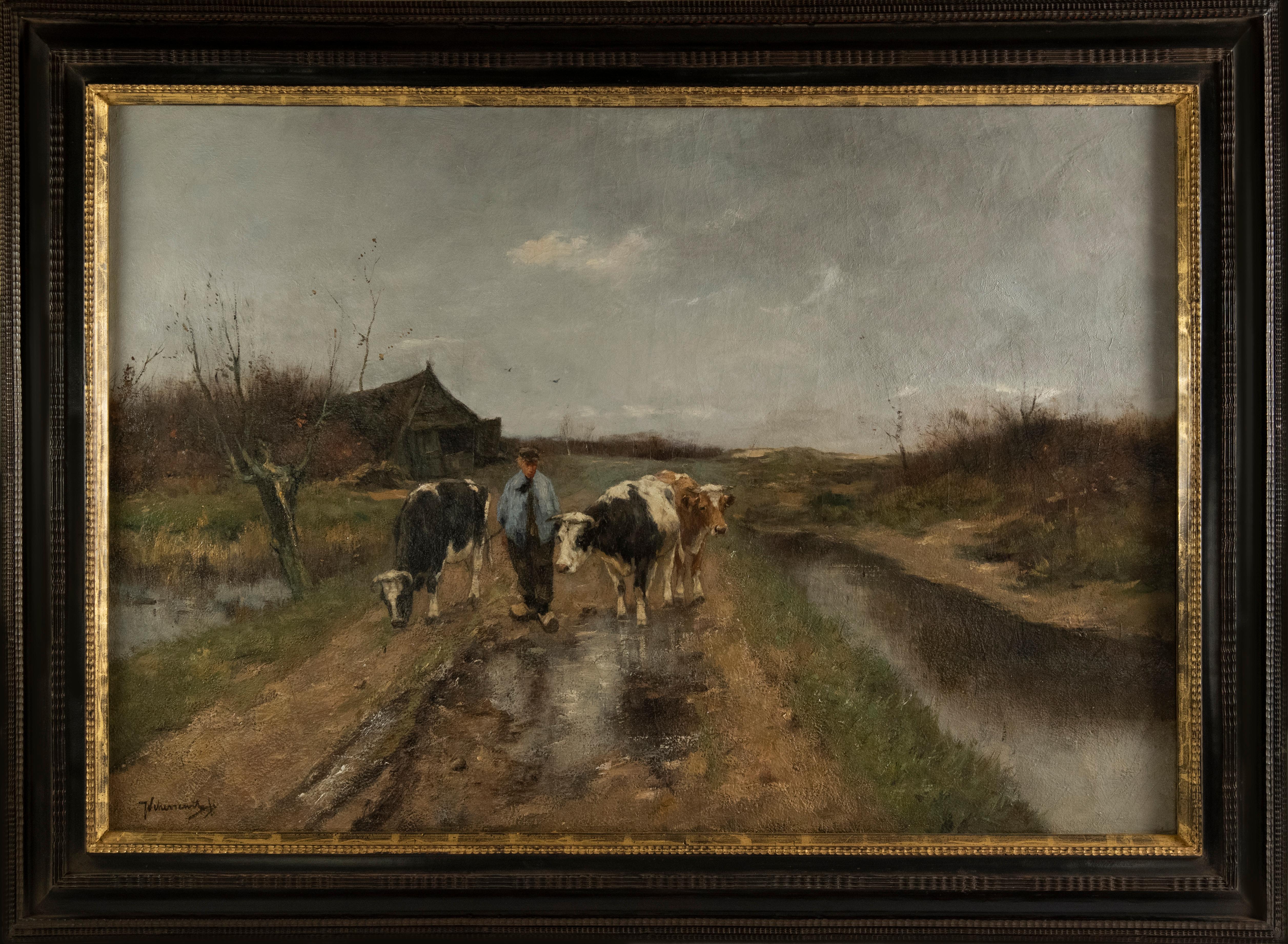Johan Frederik Cornelis Scherrewitz Animal Painting - "Farmer Leaving the Outbuilding with His Three Cows" by Johan Frederik Cornelis 