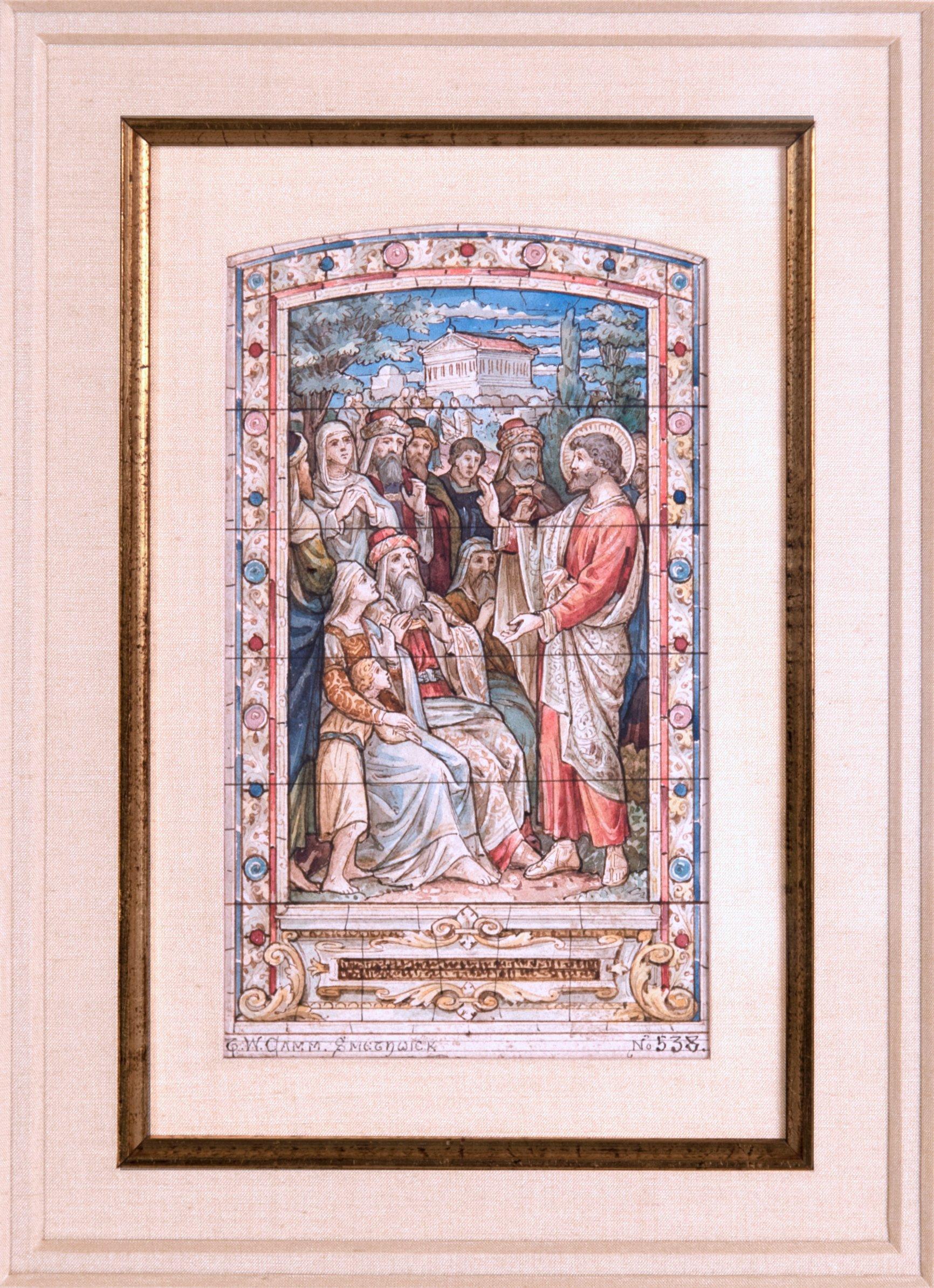 An original watercolor created by the artist Thomas William Camm (British, 1839-1912) for a Church commission. Camm is considered one of Great Britain's most talented designers of stained glass. Before production on a monumental work of stained