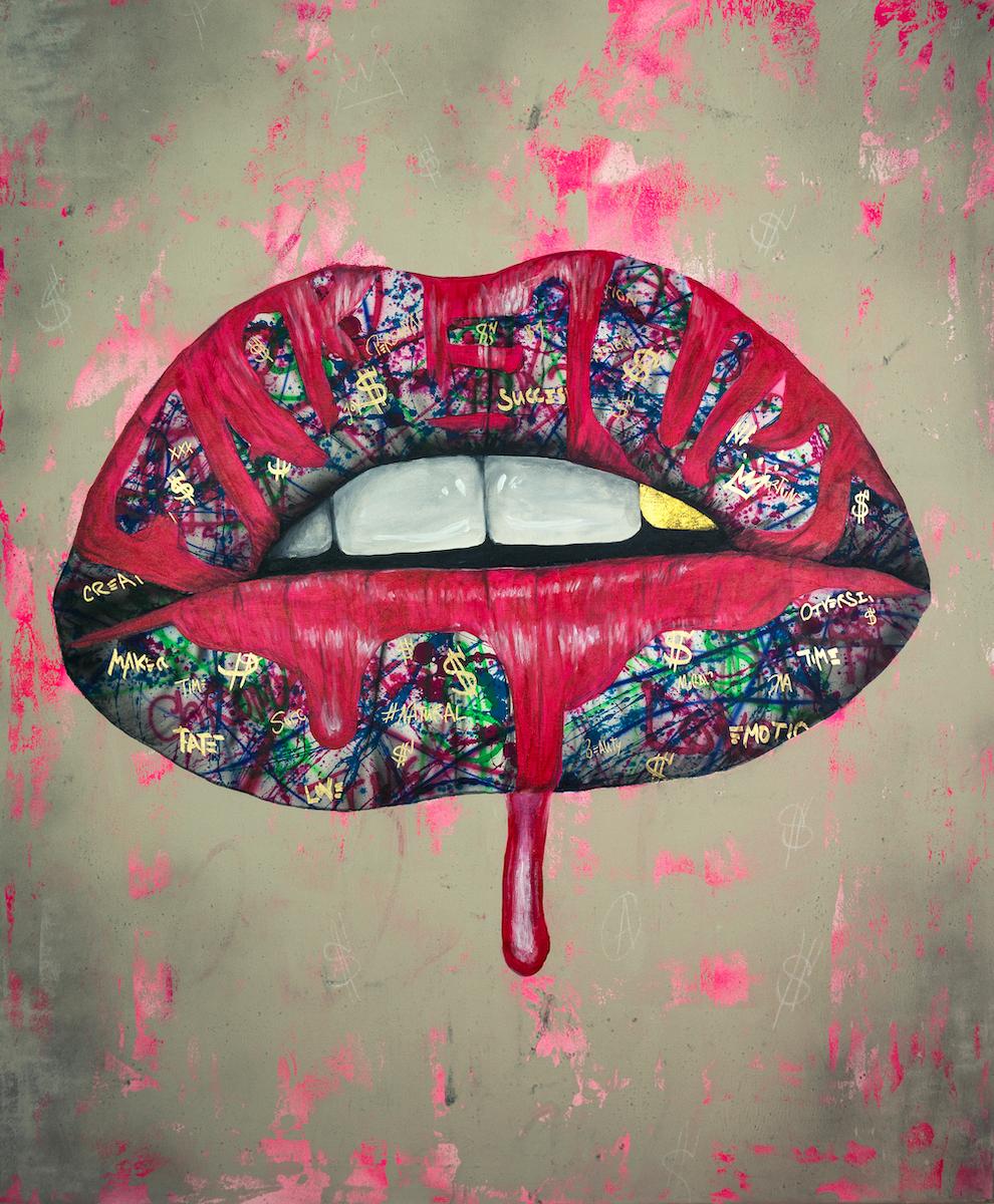 Grafy Portrait Painting - Undoubt - Pop Art, Kiss, Mouth, Popart, 21stC., Contemporary Art, Painting, Gold