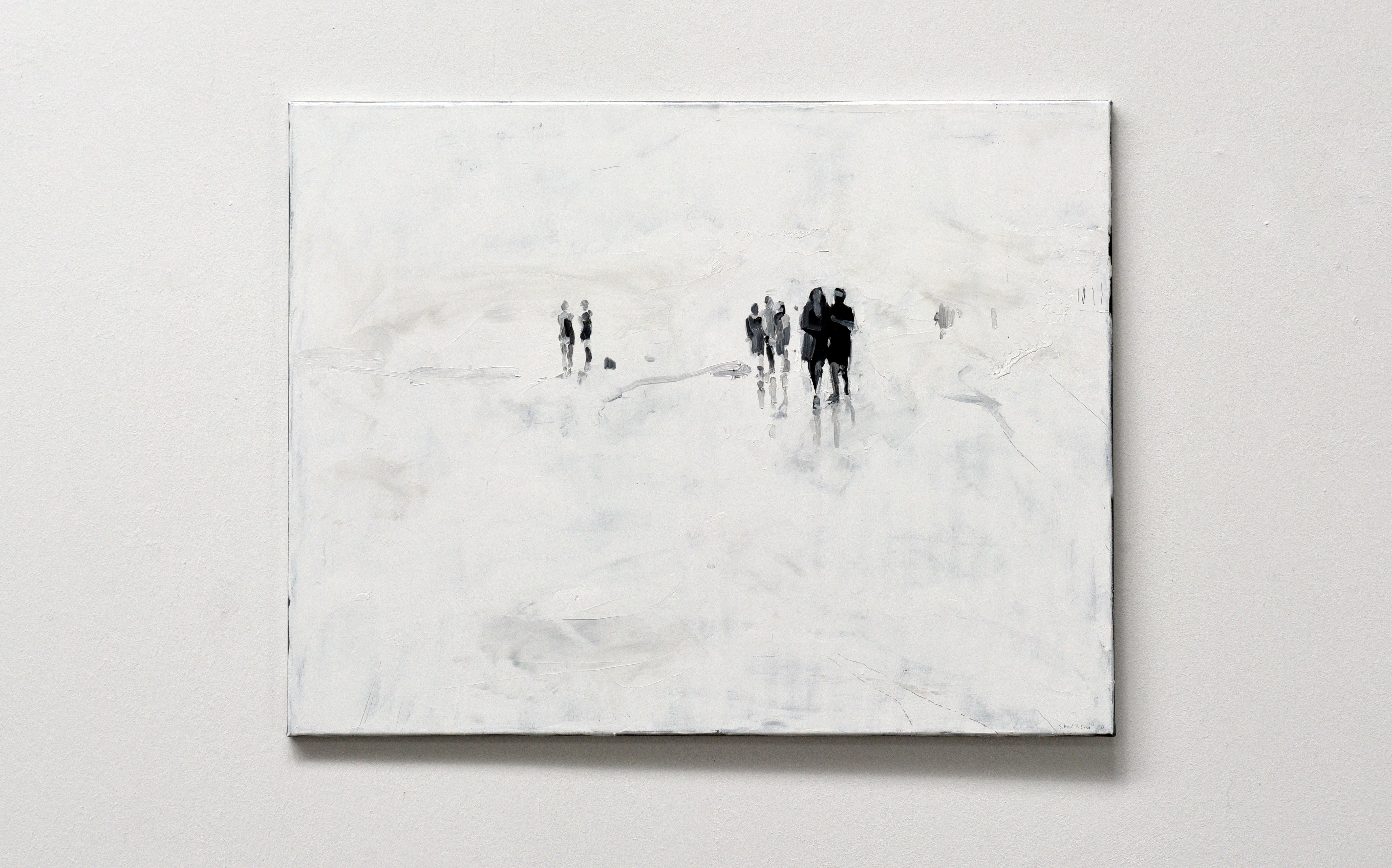 Walking Wounded
70 x 90 cm
oil on canvas
2020

A wide, apparently endless plain forms the background of the events: out of nowhere, dark figures enter the scenery, as if coming from the depths of the canvas, appearing through layers of bright, shiny