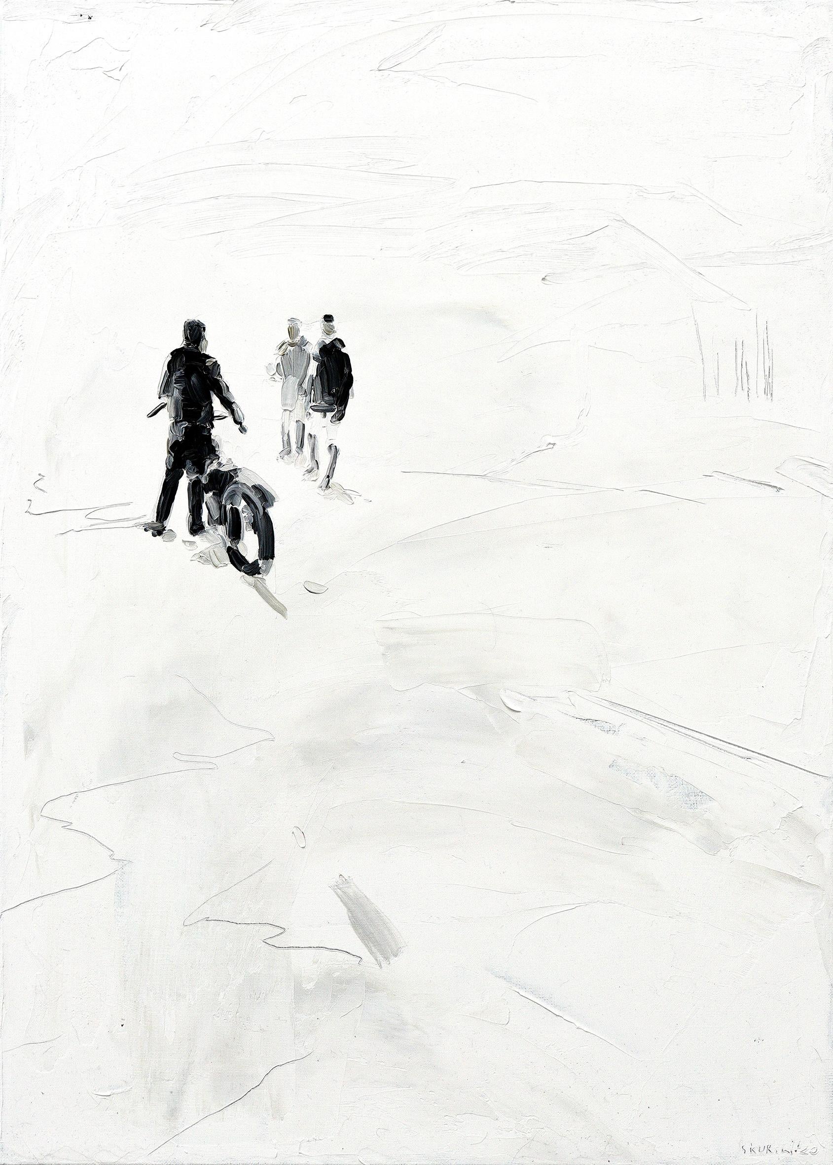 Returning (motorcycle)
70 x 50 cm
oil on canvas
2020

A wide, apparently endless plain forms the background of the events: out of nowhere, dark figures enter the scenery, as if coming from the depths of the canvas, appearing through layers of
