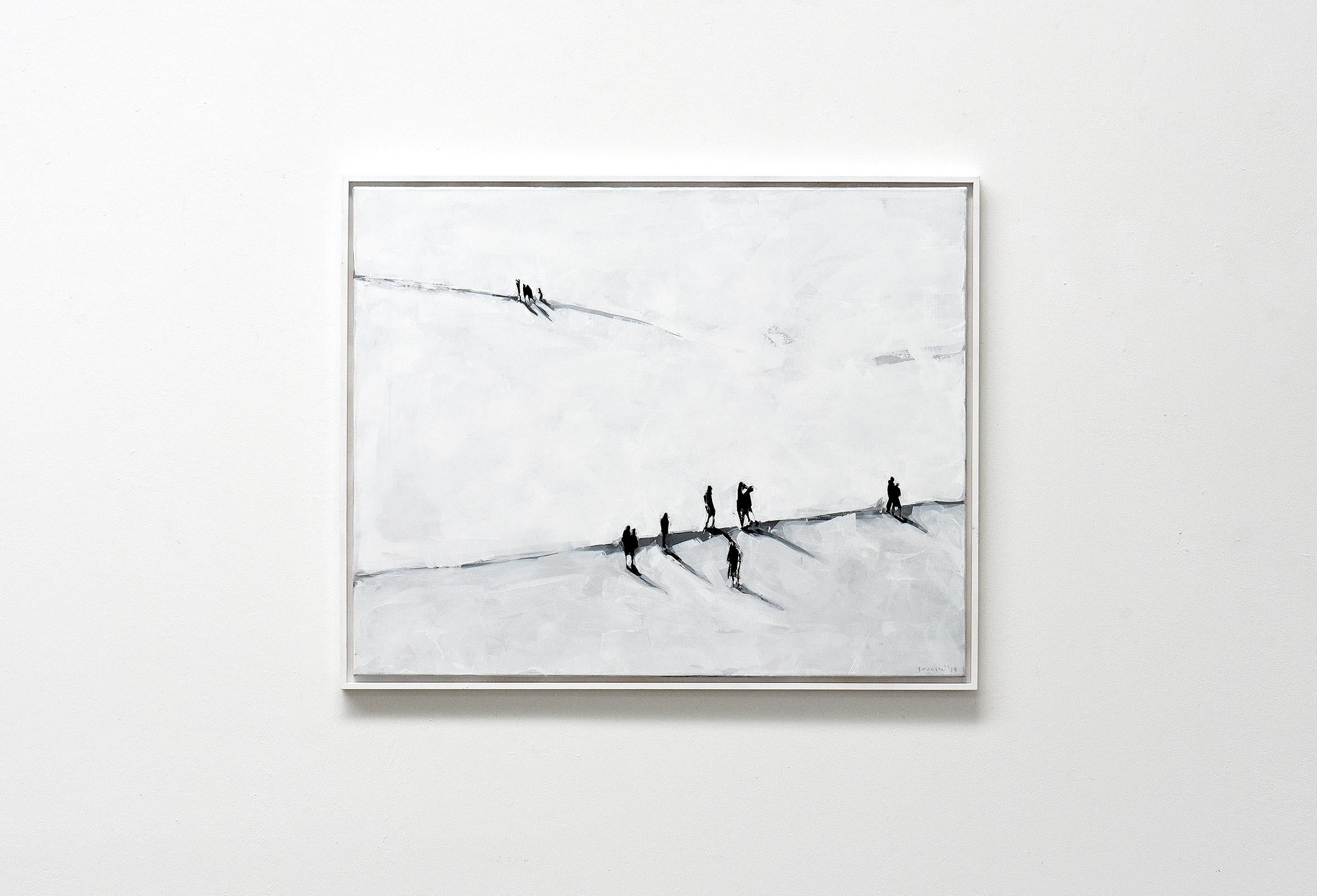 Staffel (relay team)
Acrylic on Canvas
80 x 100 cm
2019

A wide, apparently endless plain forms the background of the events: out of nowhere, dark figures enter the scenery, as if coming from the depths of the canvas, appearing through layers of