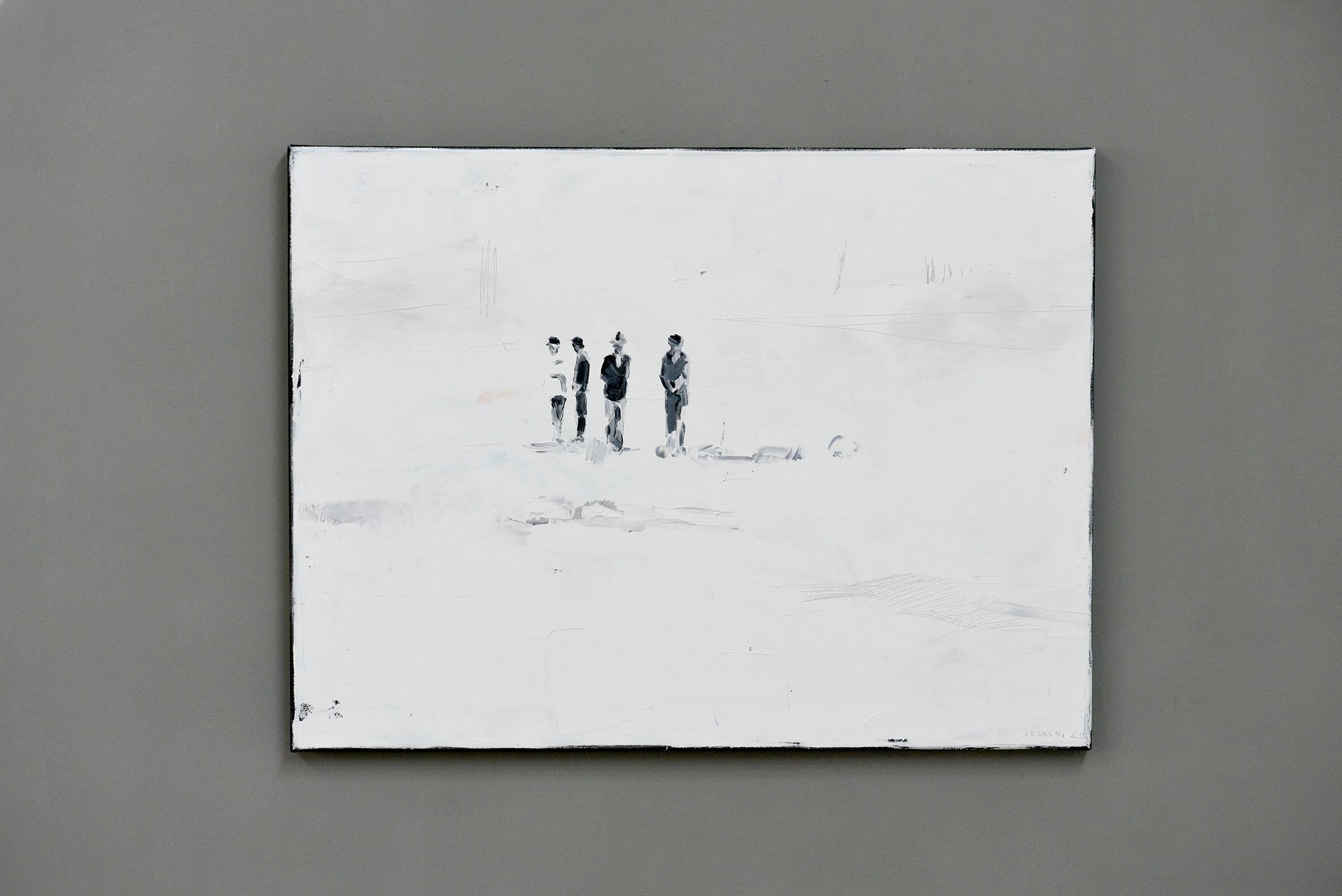 Alabama
60 x 80 cm
oil on canvas 
2020

A wide, apparently endless plain forms the background of the events: out of nowhere, dark figures enter the scenery, as if coming from the depths of the canvas, appearing through layers of bright, shiny white