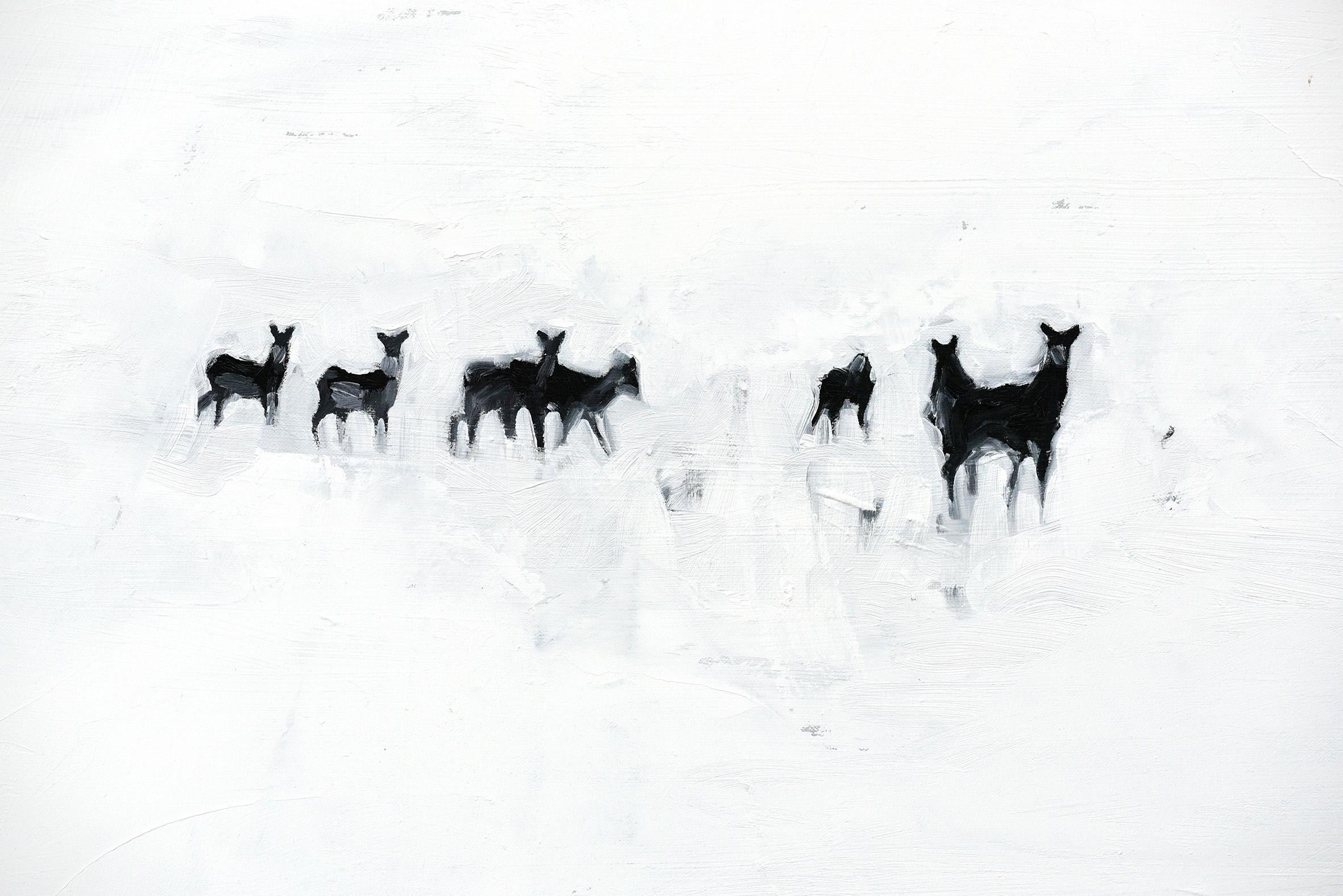 Roe Deers - Minimalist, Oil on Canvas, 21st Century, Animals Painting - Gray Figurative Painting by Leszek Skurski