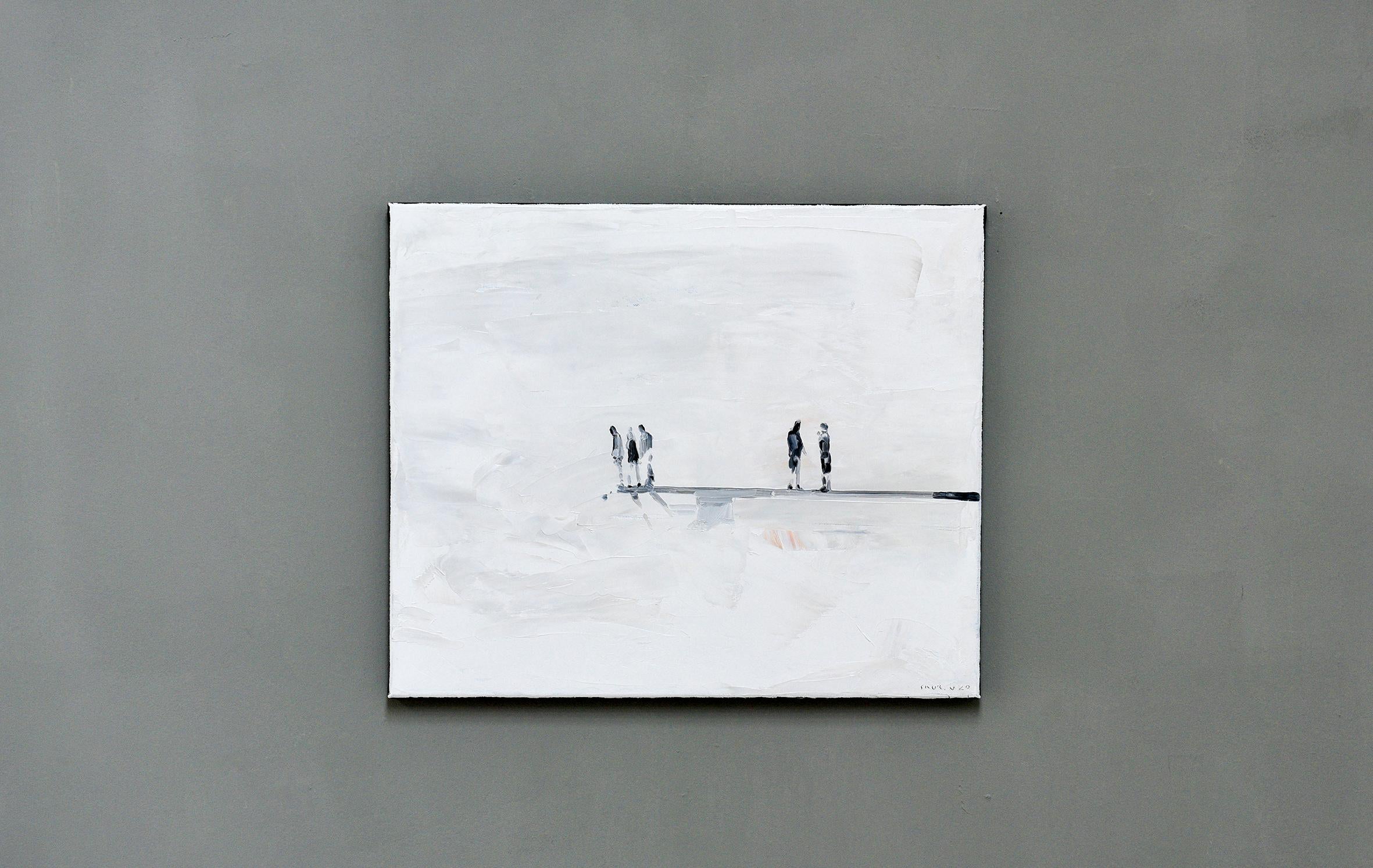 Steppingstone
50 x 60 cm
oil on canvas 
2020

A wide, apparently endless plain forms the background of the events: out of nowhere, dark figures enter the scenery, as if coming from the depths of the canvas, appearing through layers of bright, shiny