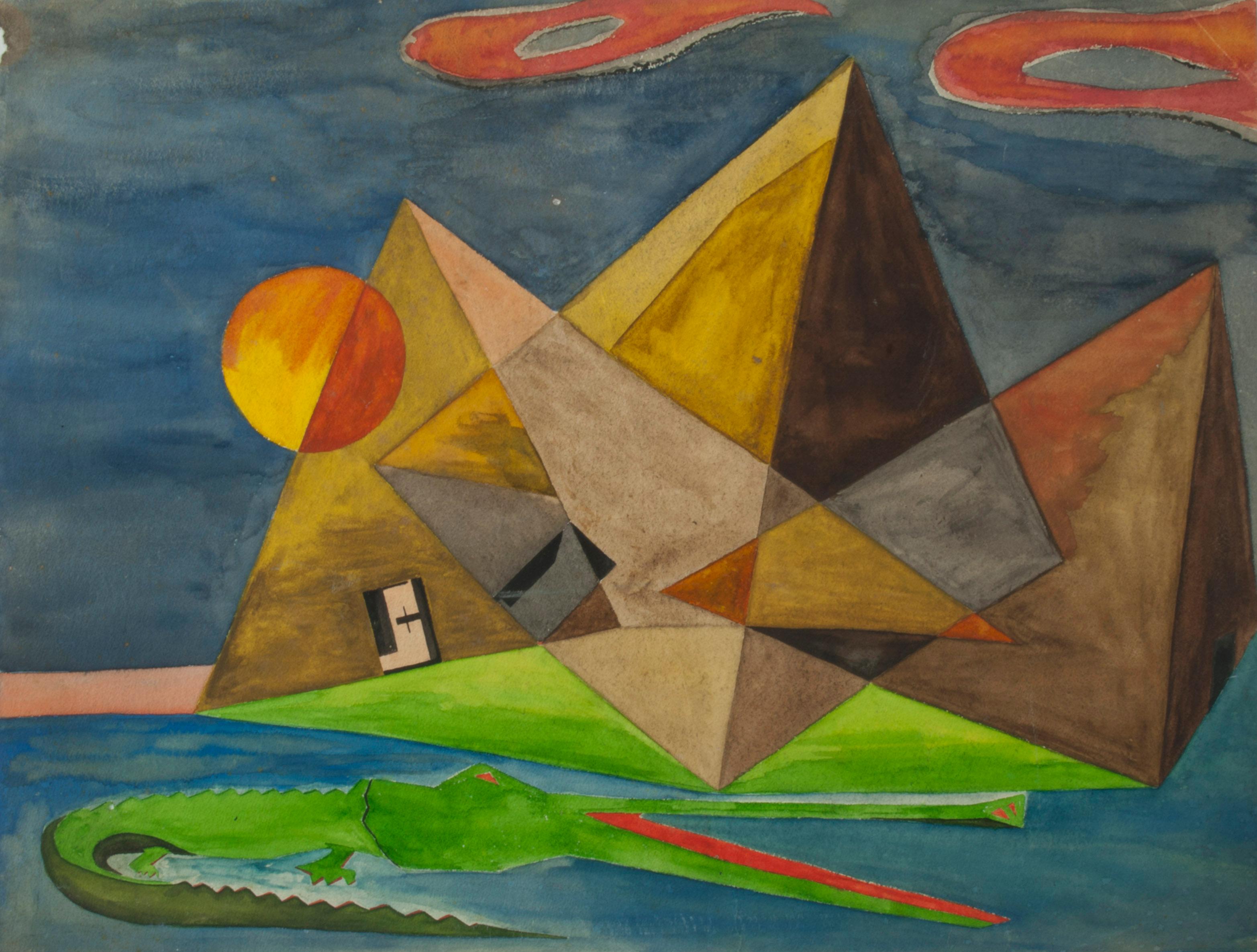 Beni E. Kosh Landscape Painting – Untitled (Surrealistische Darstellung von Pyramiden in Giza mit Alligator)