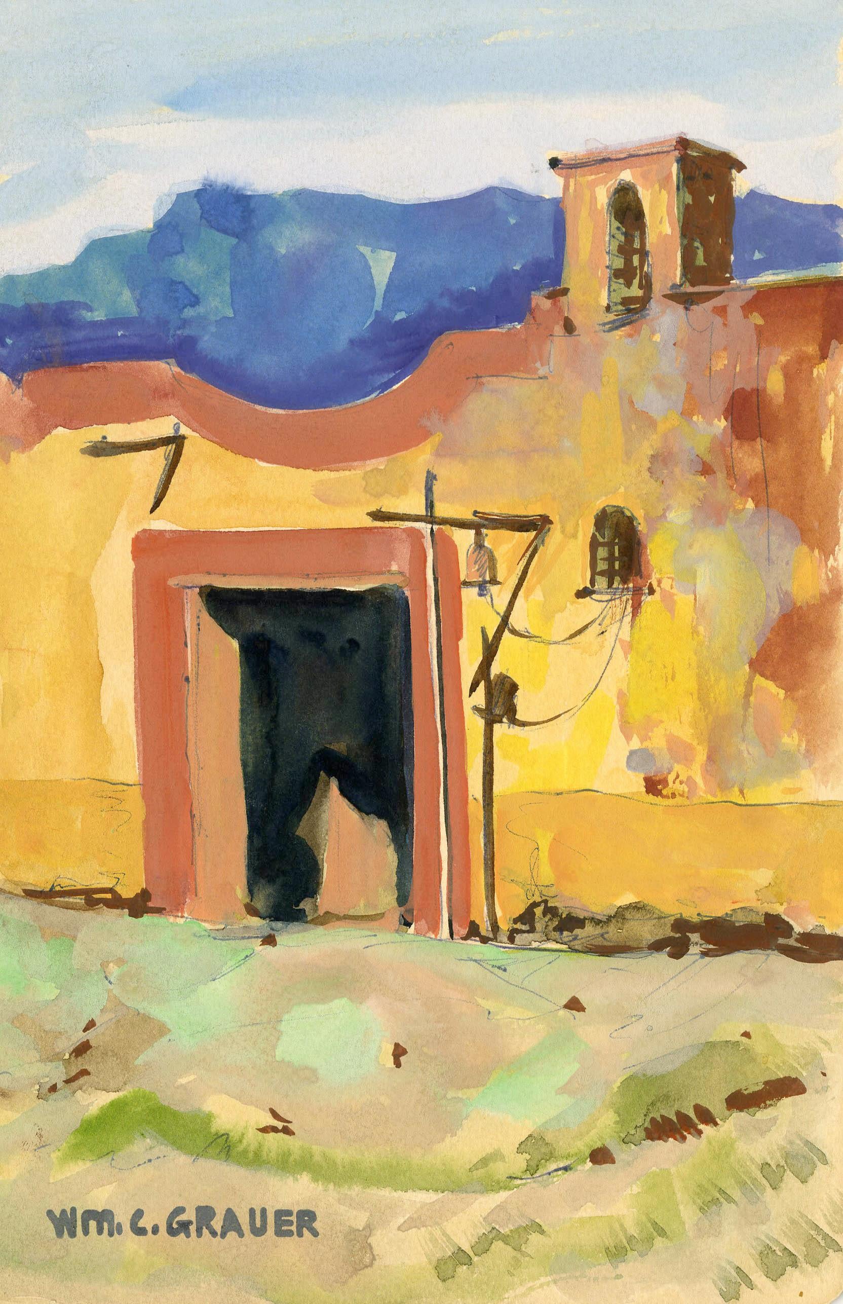 William Grauer Landscape Art - untitled (Yellow Adobe Building with Bell)
