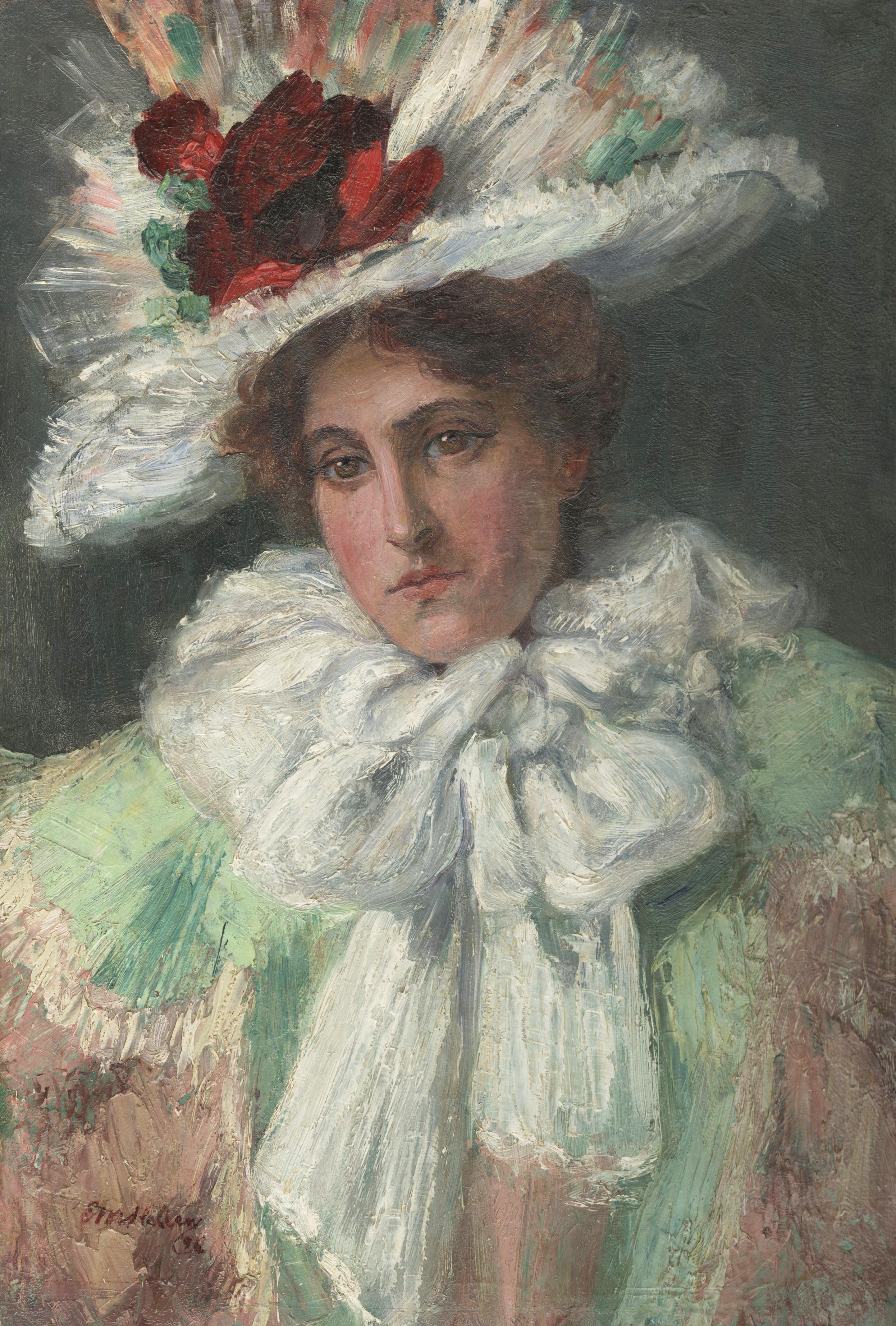 Figurative Painting Eugenie M. Heller - Le foulard blanc (autoportrait de l'artiste)