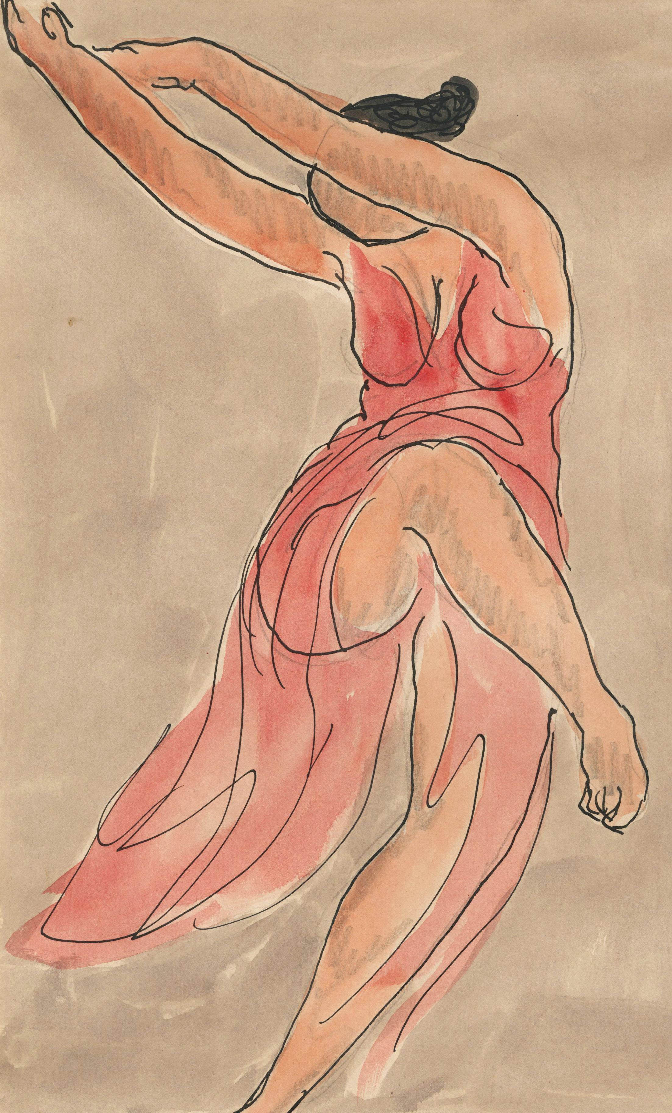 Abraham Walkowitz Figurative Art - Isadora Duncan dancing in a red dress