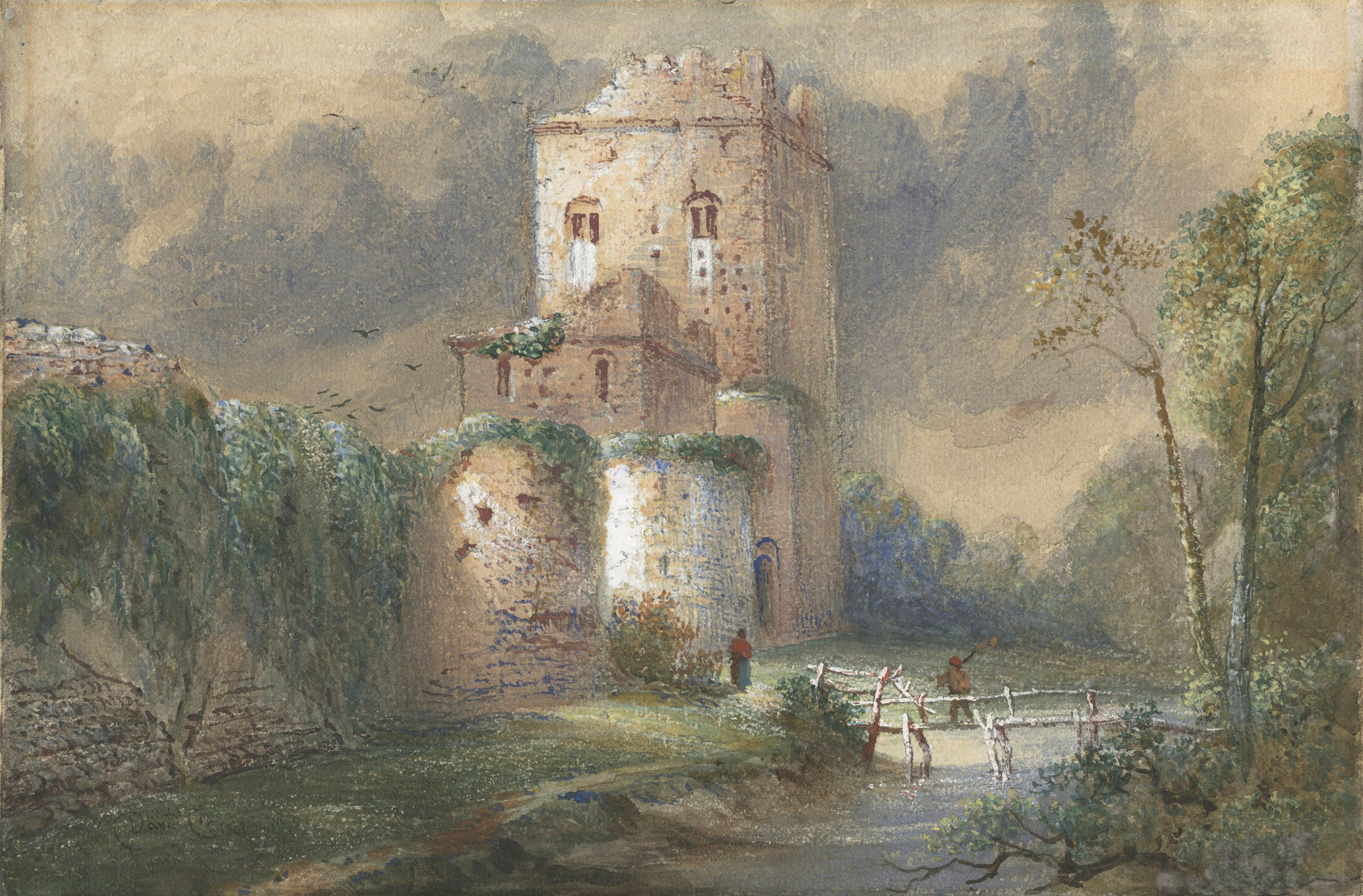 David Cox Landscape Art - Unknown title (castle with wall, stream and footbridge)