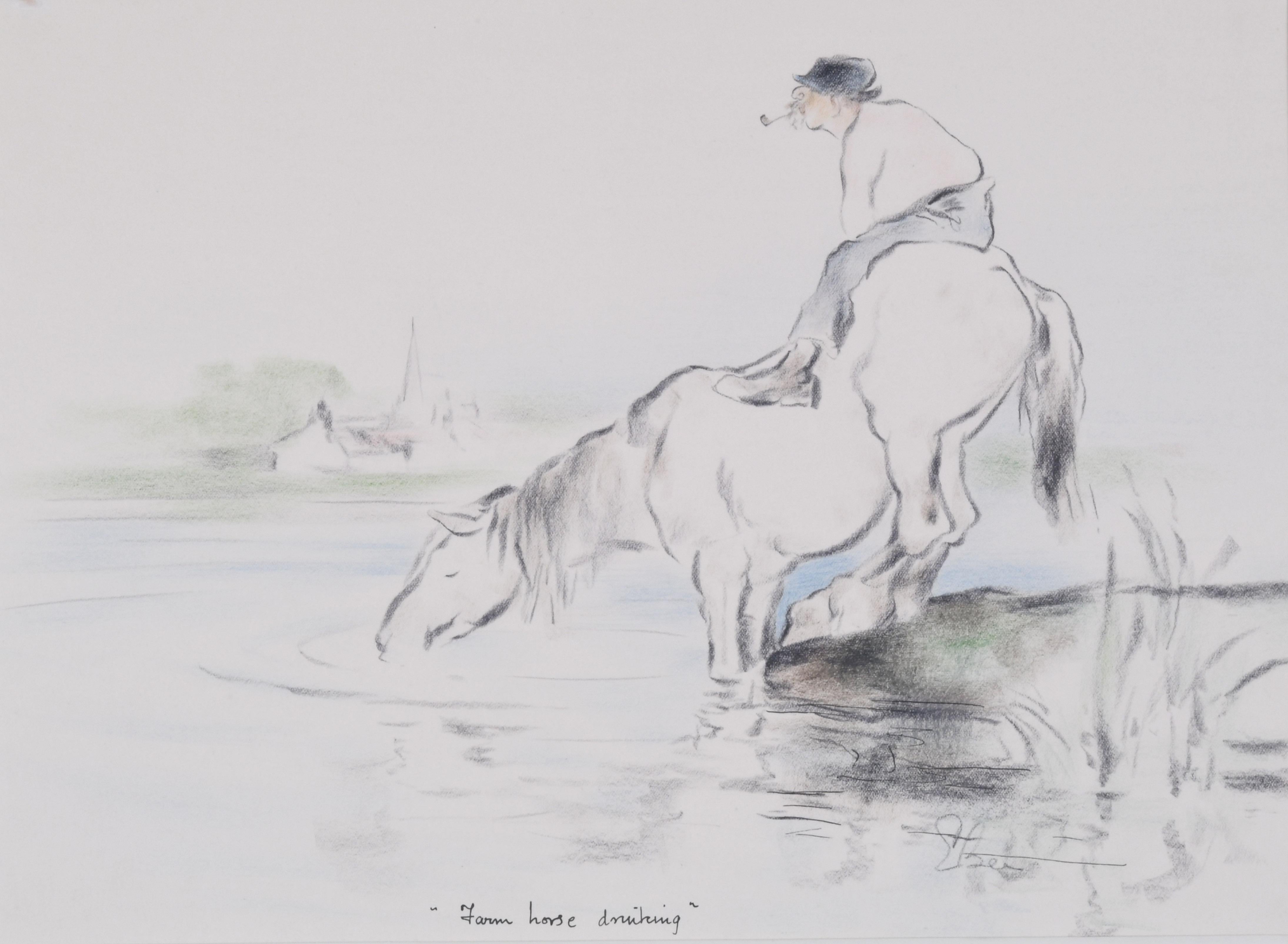 Edmund Blampied Animal Art - Farm Horse Drunking