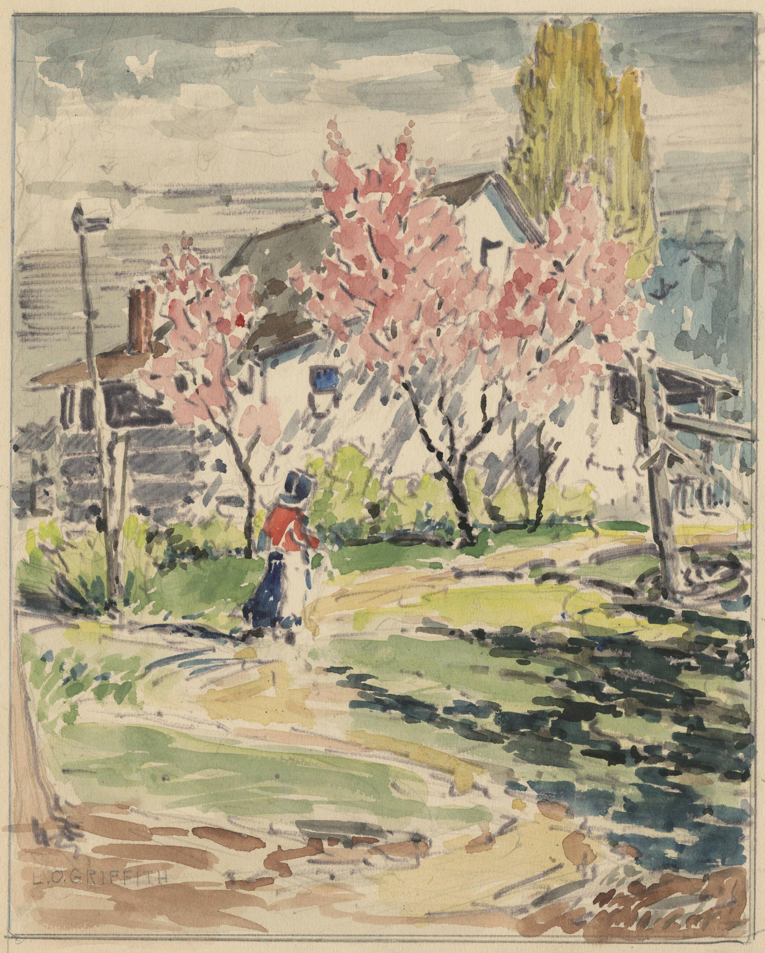 Louis Oscar Griffith Landscape Art - Spring Landscape with house and figure