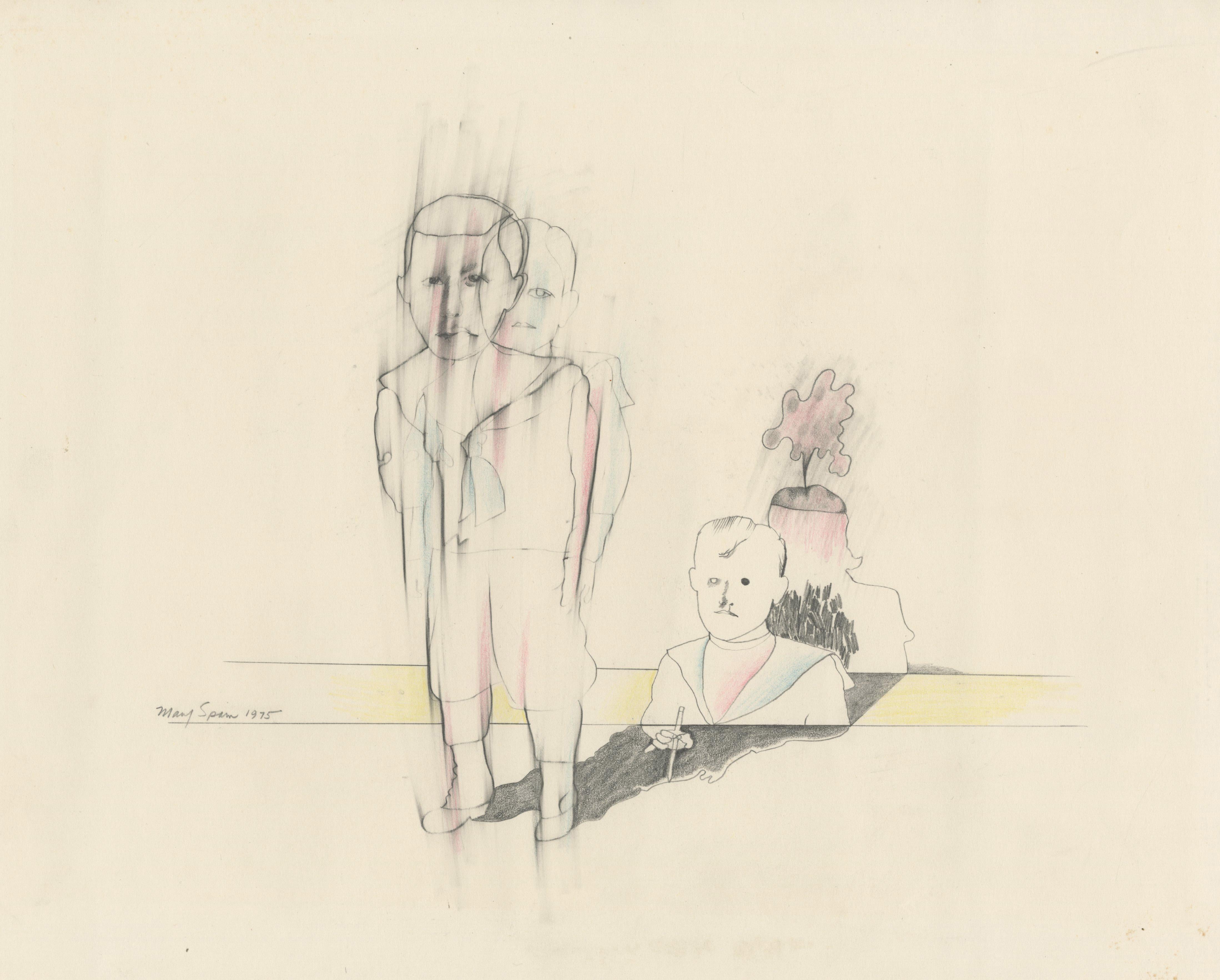 Figurative Art Mary Spain - Deux garçons (l'un debout, l'autre assis et dessinant)