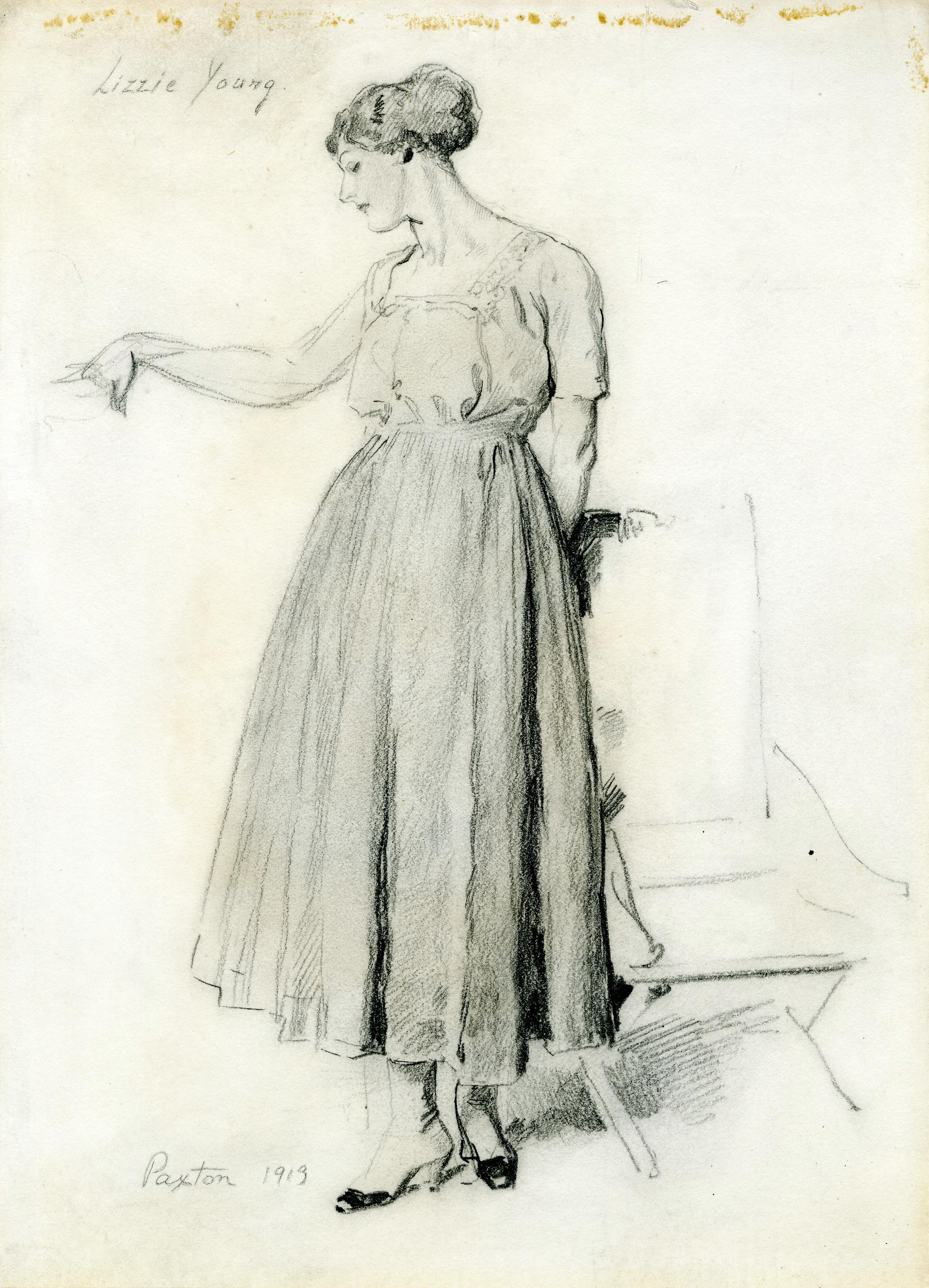 William McGregor Paxton Figurative Art – Frühe Studie für das Gemälde Rose and Gold, 1913