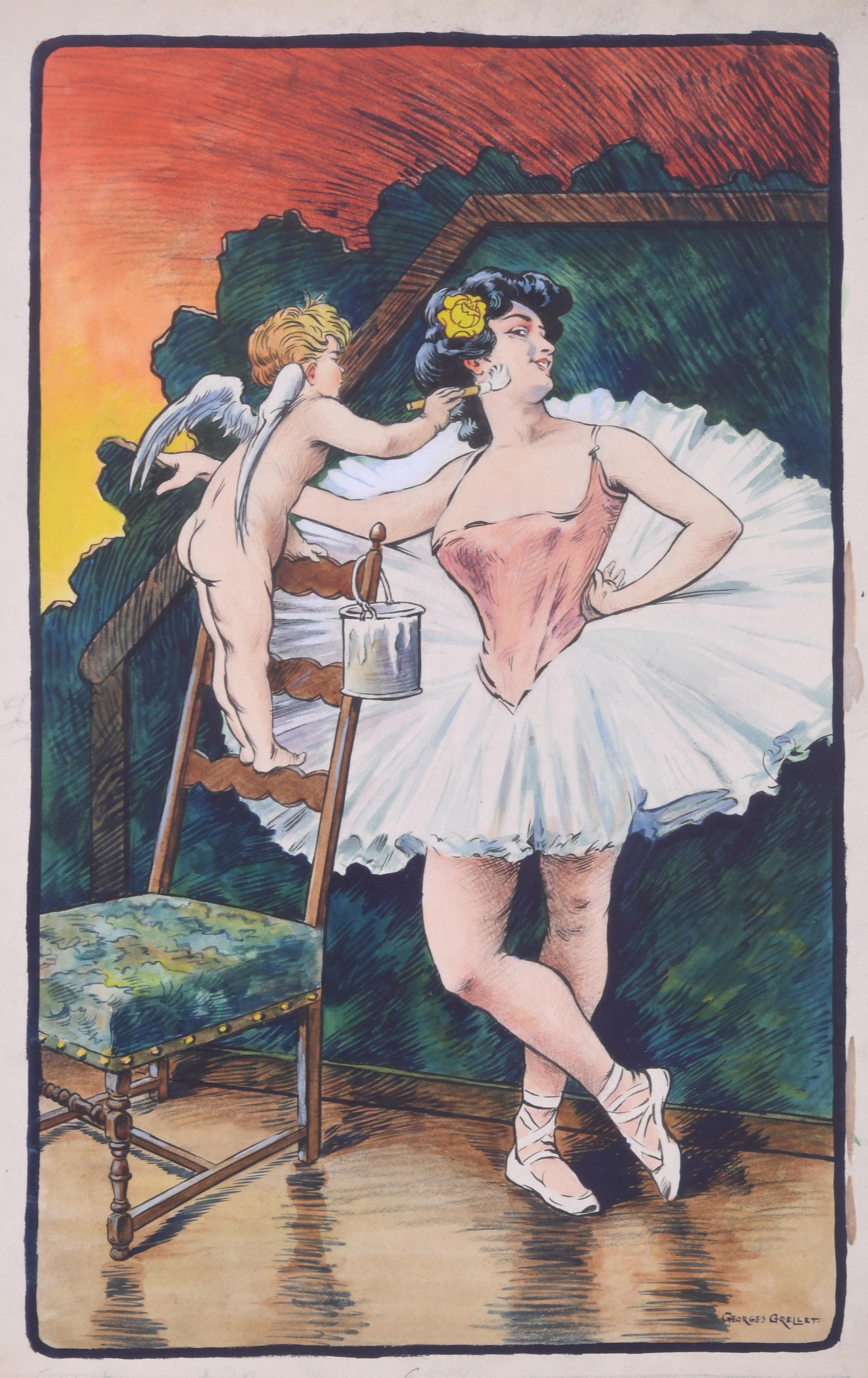 Georges Grellet Figurative Art – Ballarina lässt sich von Amor schminken