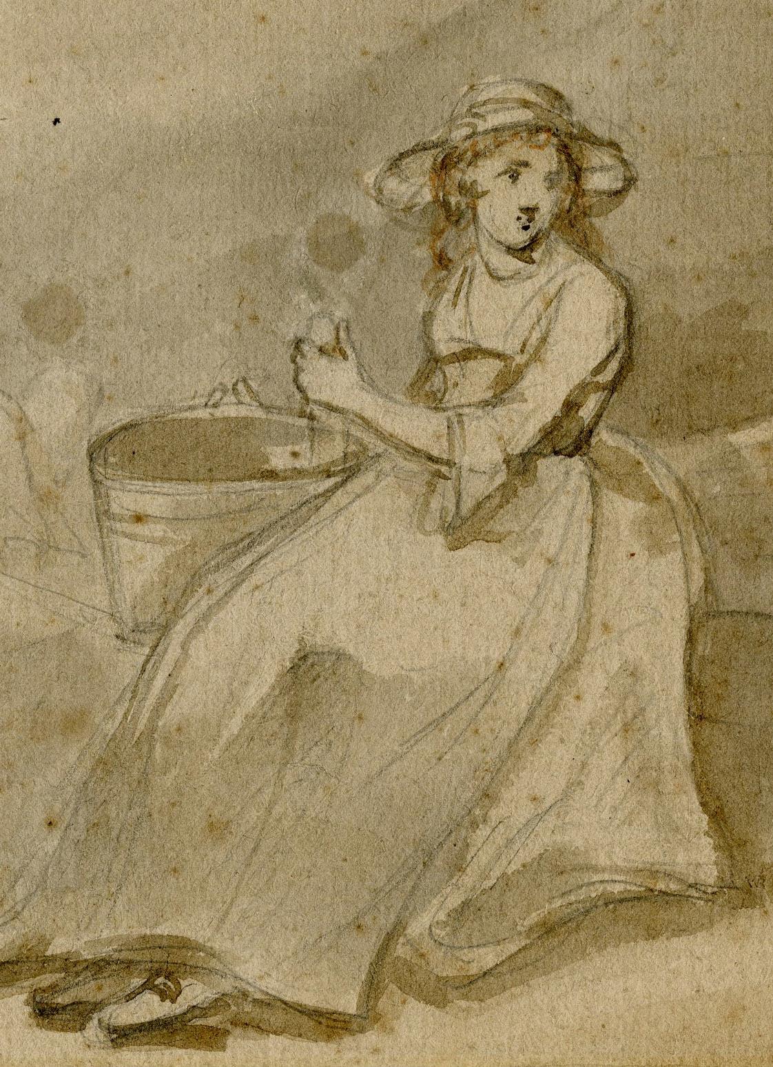 Family Group
Drawing in Chinese white, sepia and bistre ink, c. 1790
Signed lower left: G. Morland  (see photo)
The present work appears to be a preliminary study for two Morland paintings where the artist uses portions of this preliminary study in