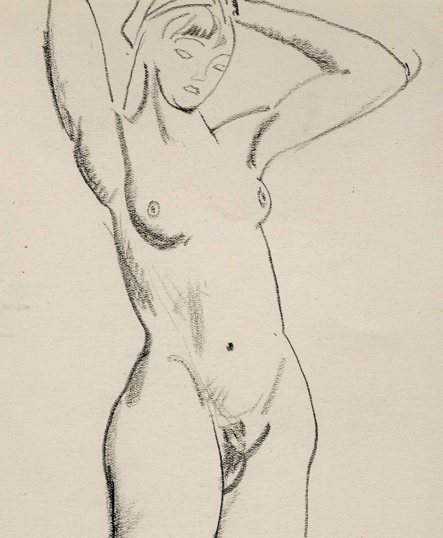 Standing Female Nude
Graphite on wove paper, c. 1915
Signed by the artist's daughter, Jean Bellows Booth (JBB)     (see photo)
Provenance:  
Estate of the artist
H. V. Allison Galleries (#94 on partial label), agent for Bellows Trust
Ronald Sloter,