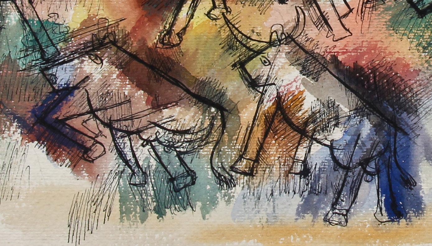Cows in a Field (Recto) Zwei Figuren in einem Innenraum (Verso) (Braun), Landscape Art, von Louis Schanker