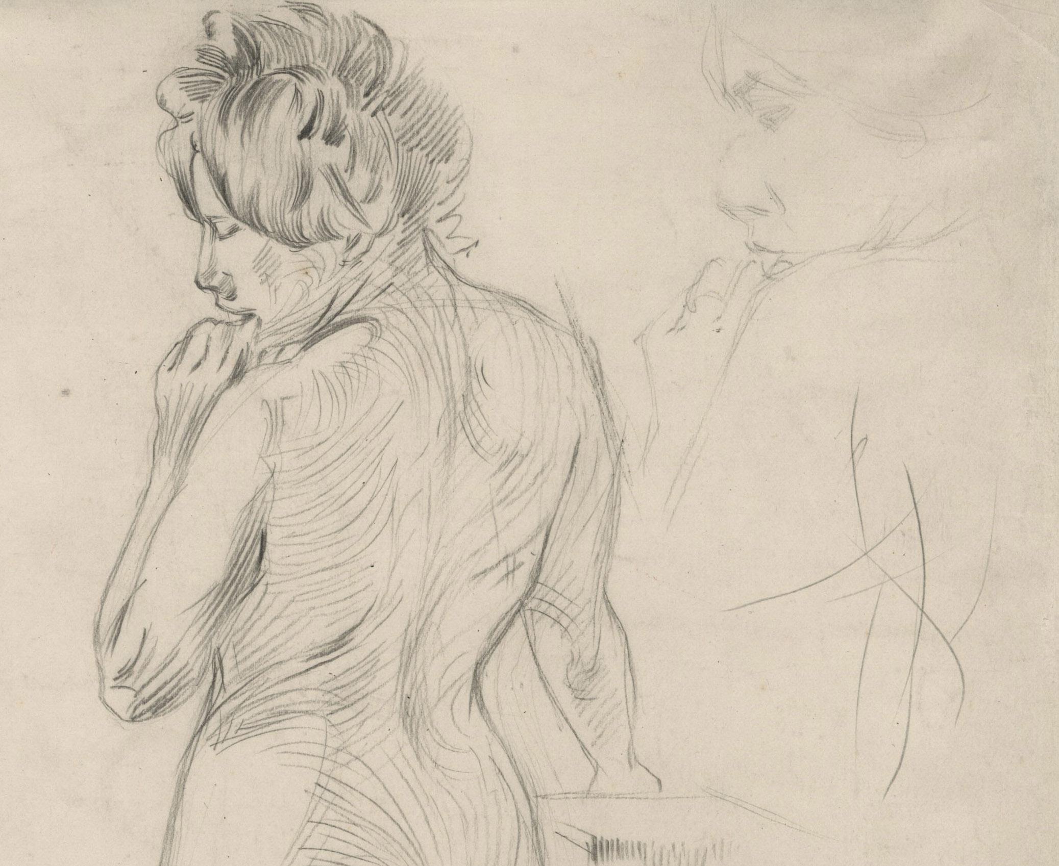 Standing Nude, hand on a plinth
Graphite on paper, c. 1900
Signed with a double tri lobed symbol upper left corner (see photo)
Condition: excellent, slight surface dirt
Sheet size: 12 3/4 x 8 1/2 inches
Provenance: Eric G. Carlson, art historian and