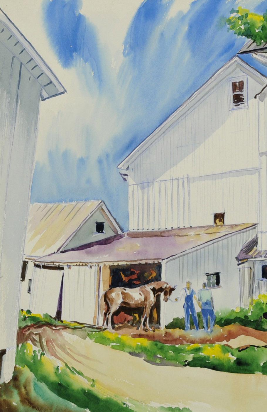 untitled (The White Barn with Farmers and Horse) - Art by William Grauer