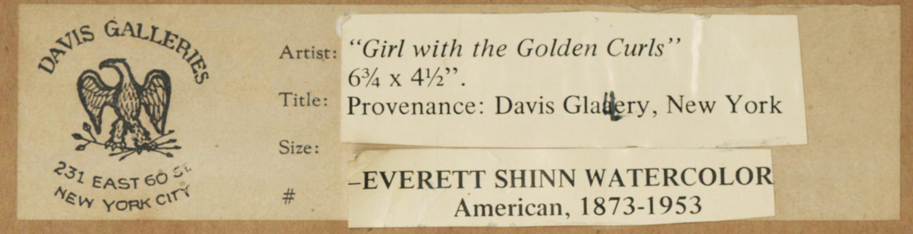 La ragazza dai riccioli d'oro
Acquerello, 1895 circa
Senza segno
Provenienza: Davis Galleries, New York (vedi foto dell'etichetta sul retro) 
Condizioni: Montato su supporto dall'artista
                  Alcune imperfezioni (bolle) nel
