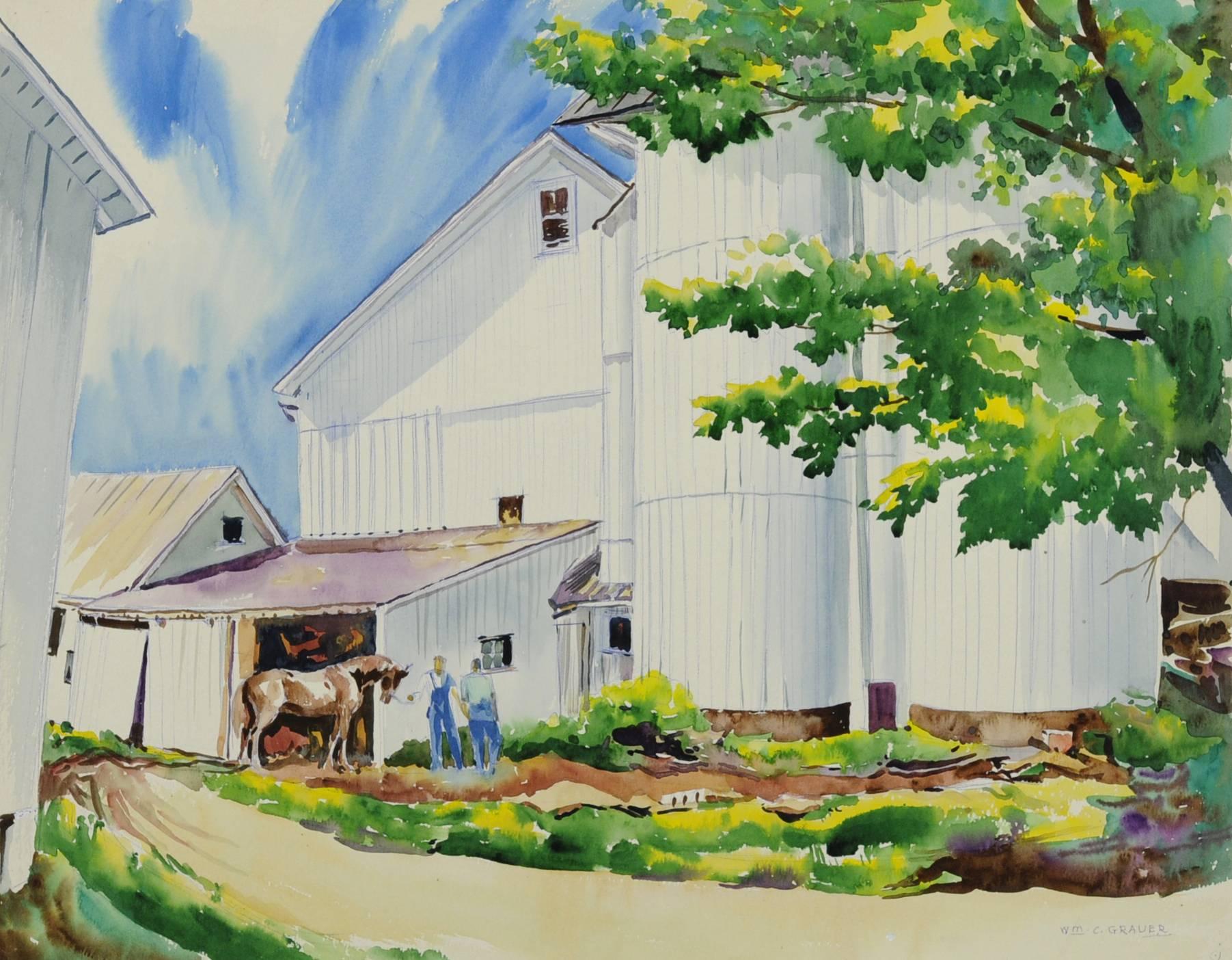 William Grauer Landscape Art - untitled (The White Barn with Farmers and Horse)