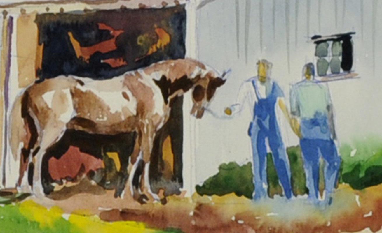 untitled (The White Barn with Farmers and Horse) - American Realist Art by William Grauer