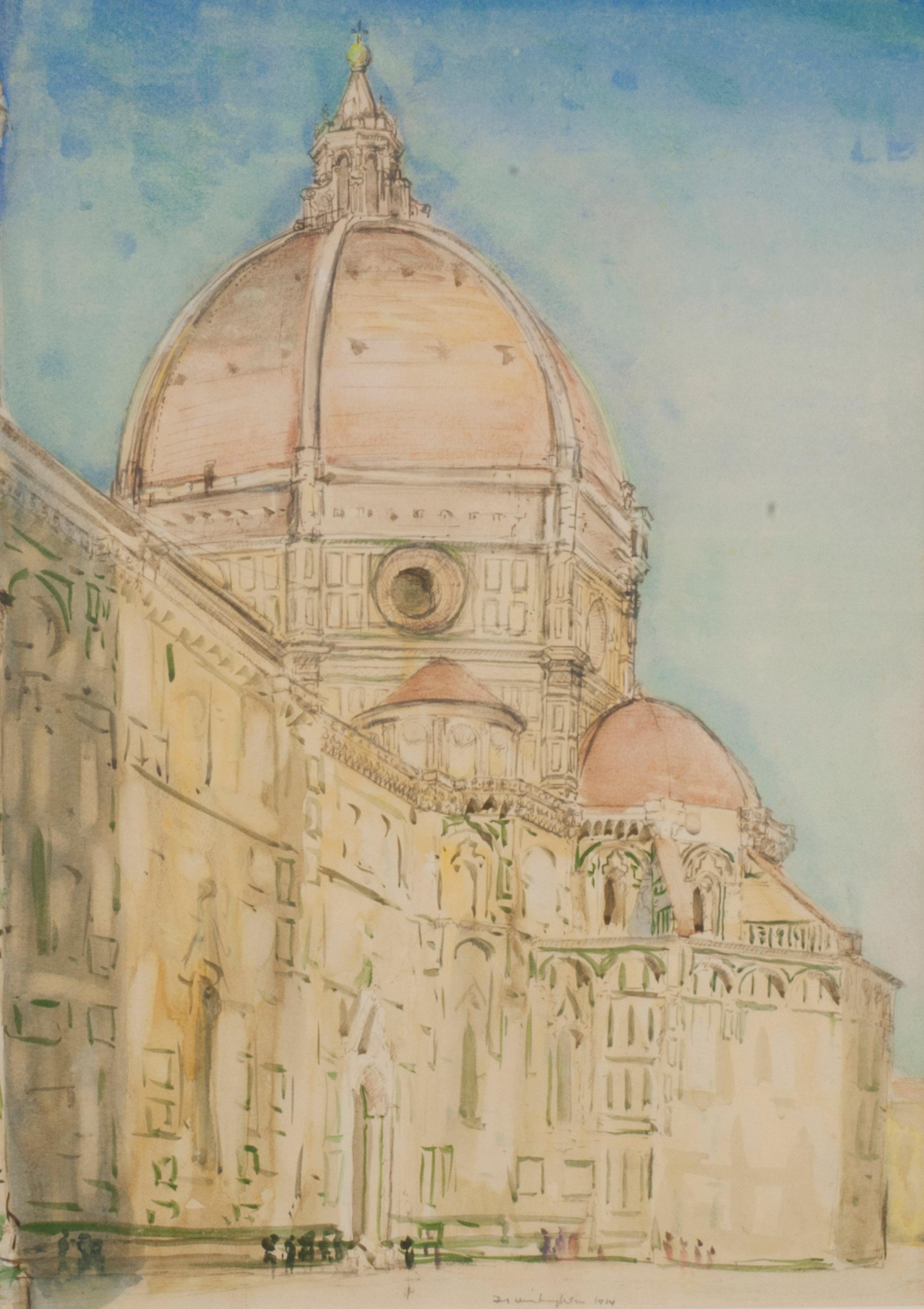 The Duomo, Florence
Watercolor, 1914
Signed and dated lower center edge (see photo)

Florence Cathedral, formally the Cattedrale di Santa Maria del Fiore, is the cathedral of Florence, Italy. It was begun in 1296 in the Gothic style to a design of