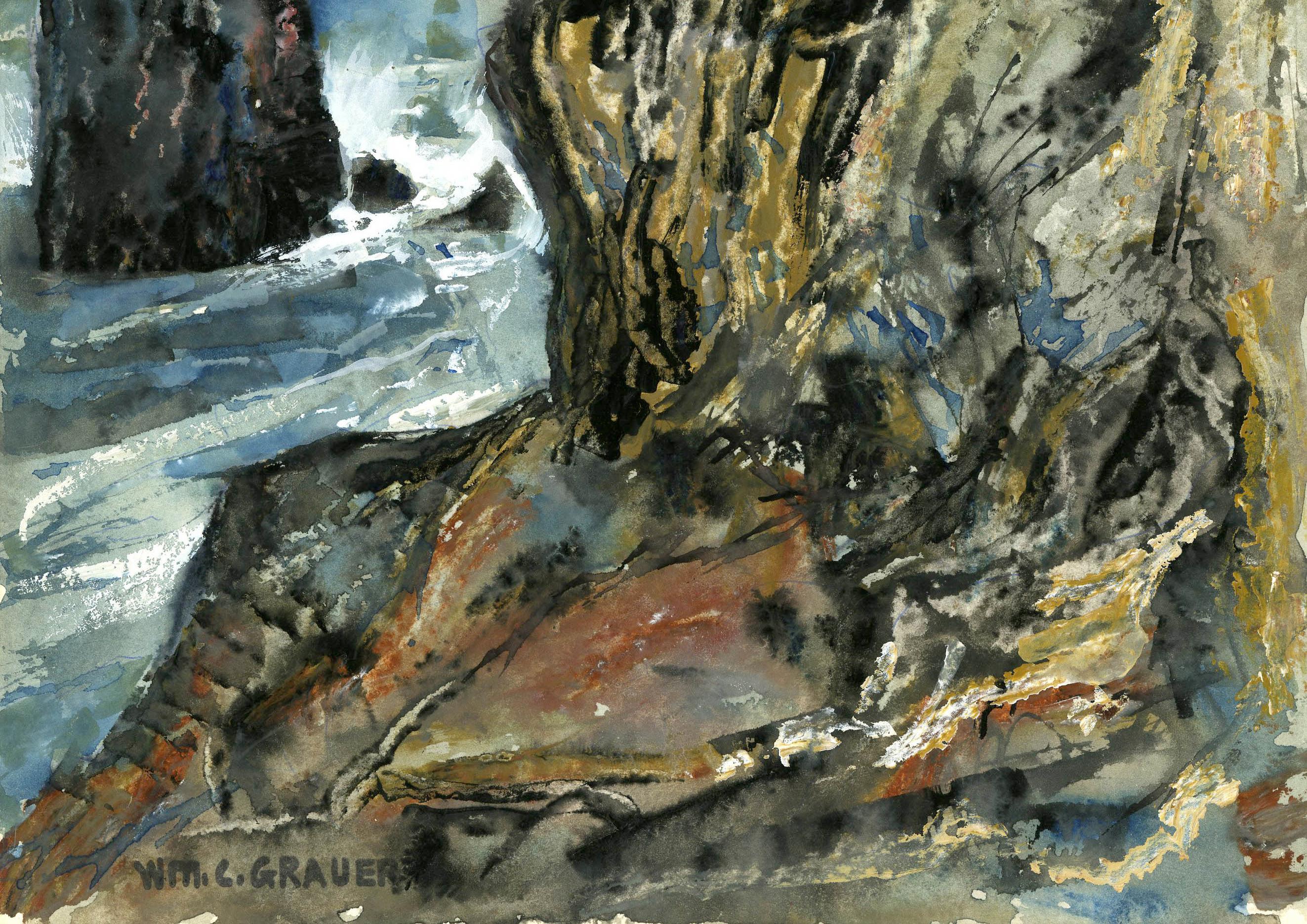 Ohne Titel (Rocks along the Coast) (Grau), Landscape Art, von William C. Grauer