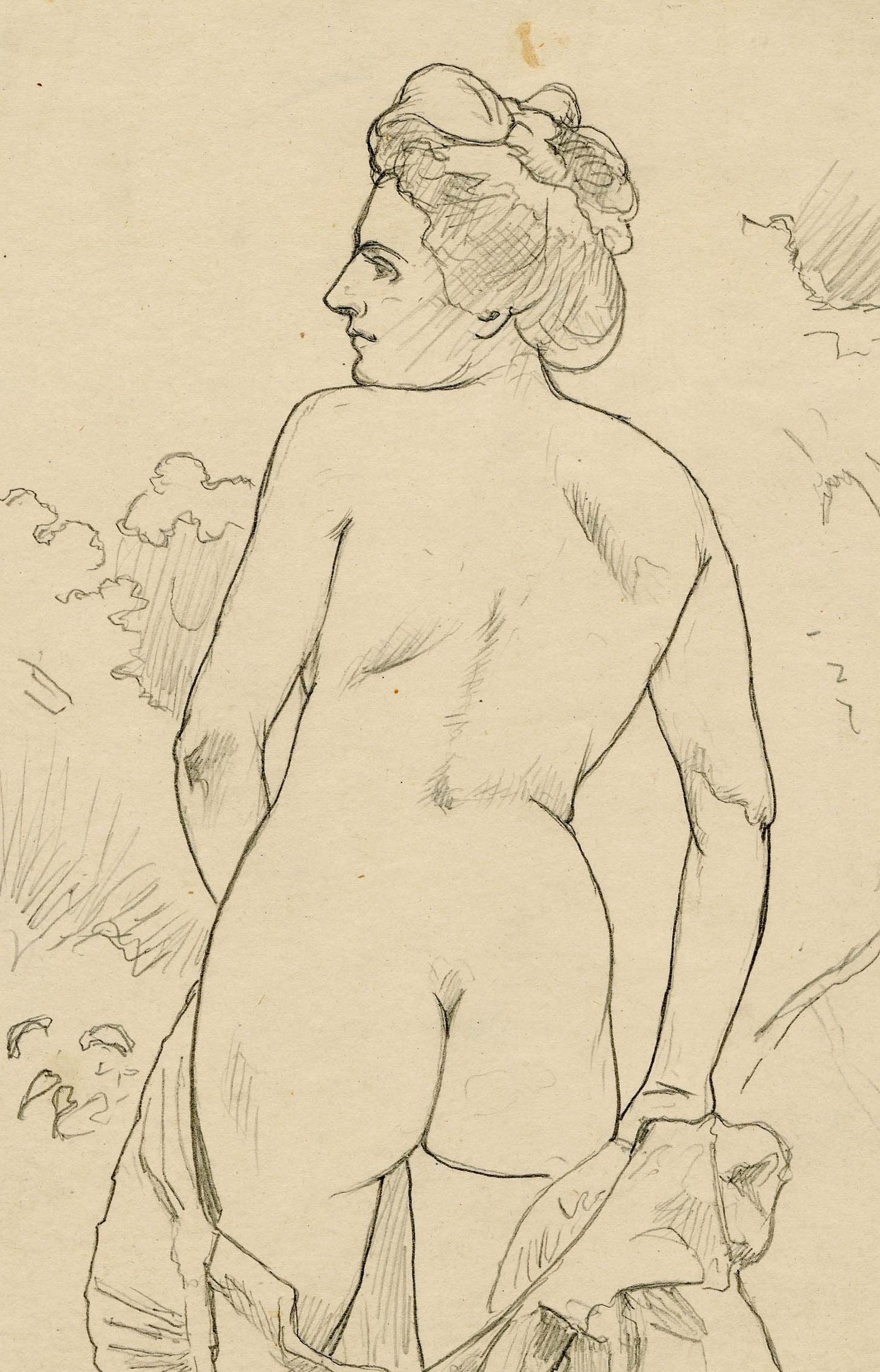 Nude in a Landscape Facing Left
Transfer drawing for an etching,  c. 1900
Signed in charcoal l.r. 
