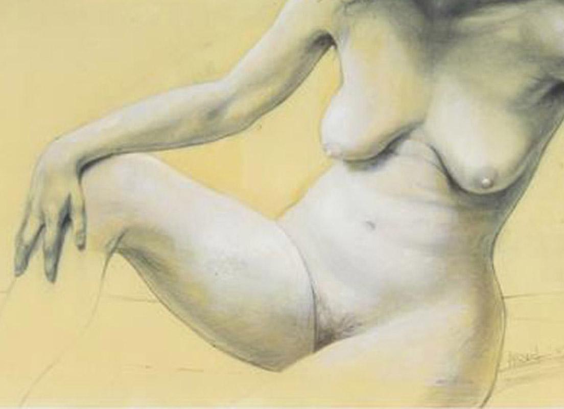 Untitled (Female Nude)
Graphite and sgrafitto on yellow paper, 1987
Signed lower right
Note: Steven Assael is represented by Forum Gallery in New York.  In 1977 he won the Charles Romans Award at the National Academy of Design, NYC. Assael has an