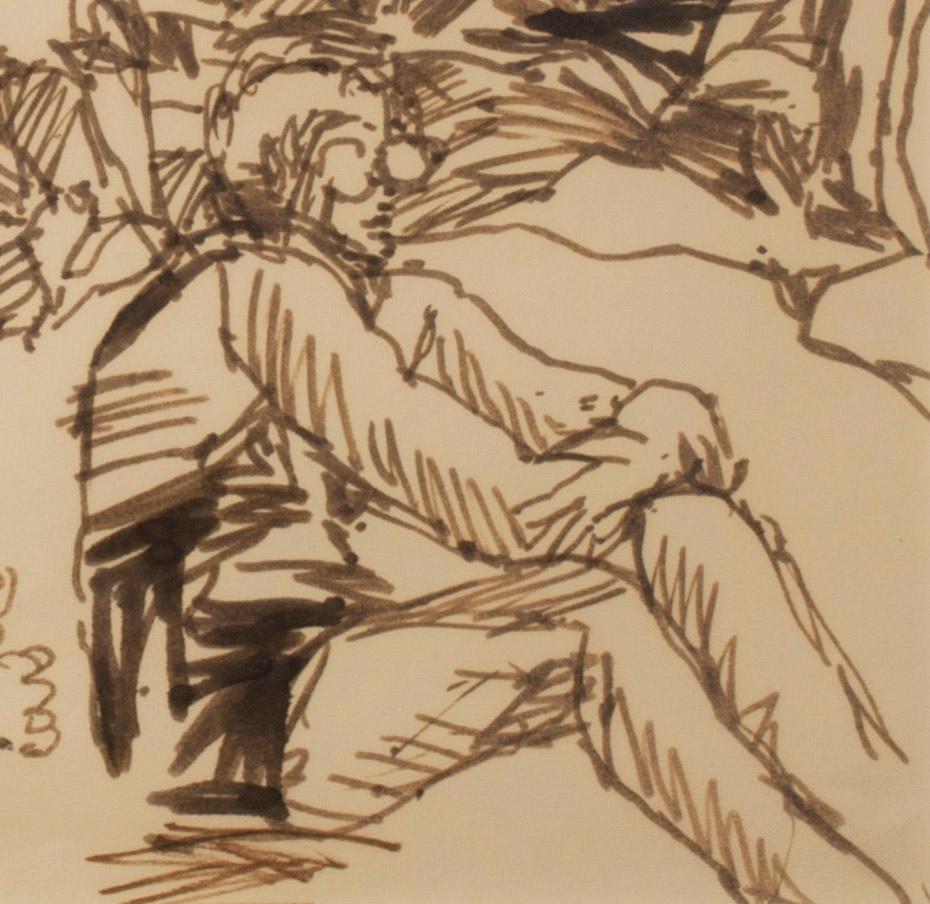 Provincetown (Sunbathing)
Sepia ink on tan paper, 1966
Signed in ink lower center (see photo)
Exhibited: Art from Lexington Homes, Lincoln Massachusetts, May 14-22, 1966 (see label)
loaned by Saul Cohen, 1916-2010, Lexington, MA, Chemist &