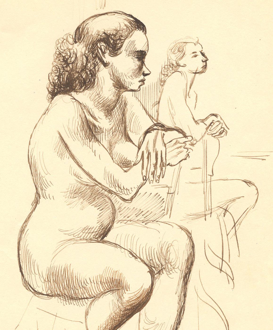 Nude on a Stool
Ink on paper, c. 1970-80
Signed in red ink lower right
Illustrated: Elliott & Wooden, page 232   A copy of this hardbound books accompanies purchase
Condition: Excellent
Image/Sheet size: 11 x  8 1/2 inches
Provenance: Estate of the
