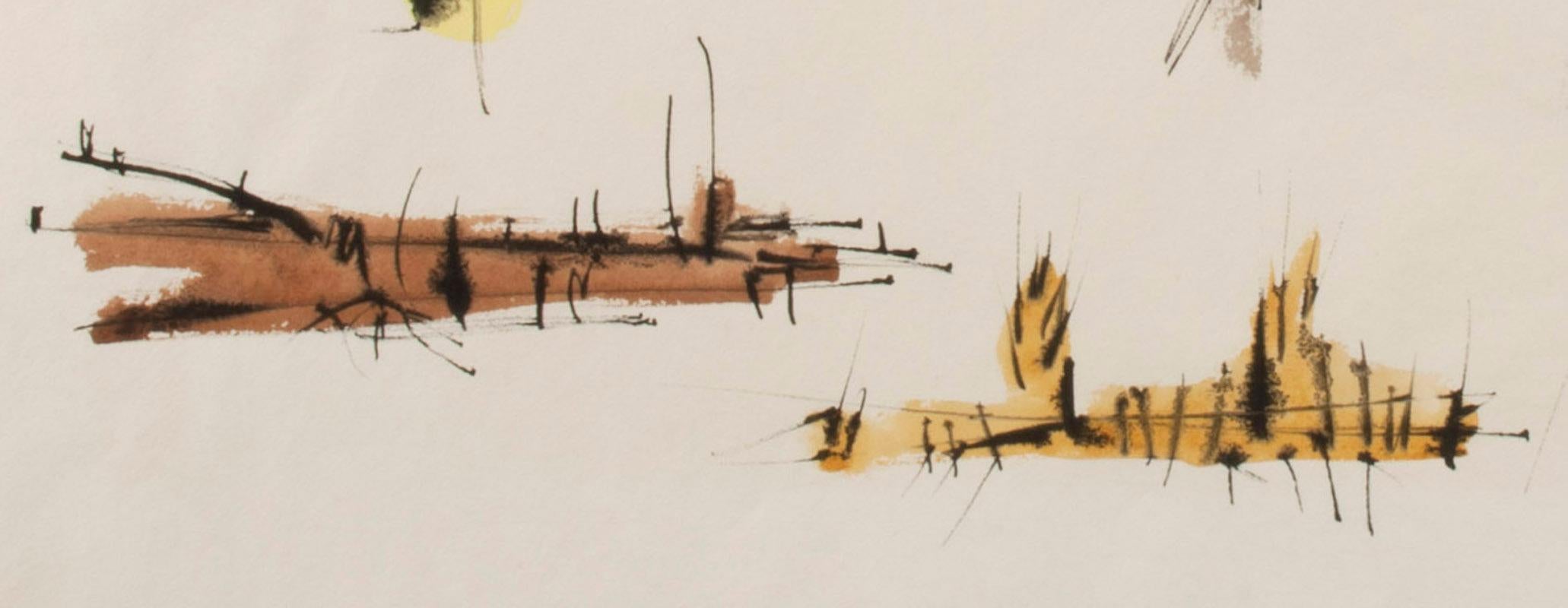 Der tote Tiger
Tusche und Aquarell auf Papier, 1955
Signiert und datiert in Tinte (siehe Foto)
Zustand: Alterung des gesamten Blattes (es ist 78 Jahre alt)
Bild/Bogengröße: 18 1/4 x 23 Zoll

Eines aus einer Serie von Aquarellen, die Dehner im Hudson