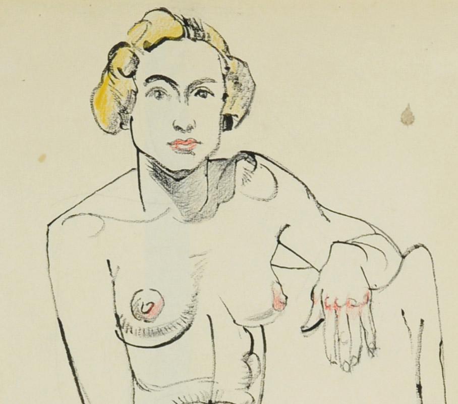 Seated Nude
Match Stick ink drawing, c. 1925
Signed by the artist in pencil lower right: A. Biehle
Created at the Kakoon Arts Club, Cleveland.  Influenced by friend and fellow artist William Sommer (1867-1949) who made numerous match stick drawing