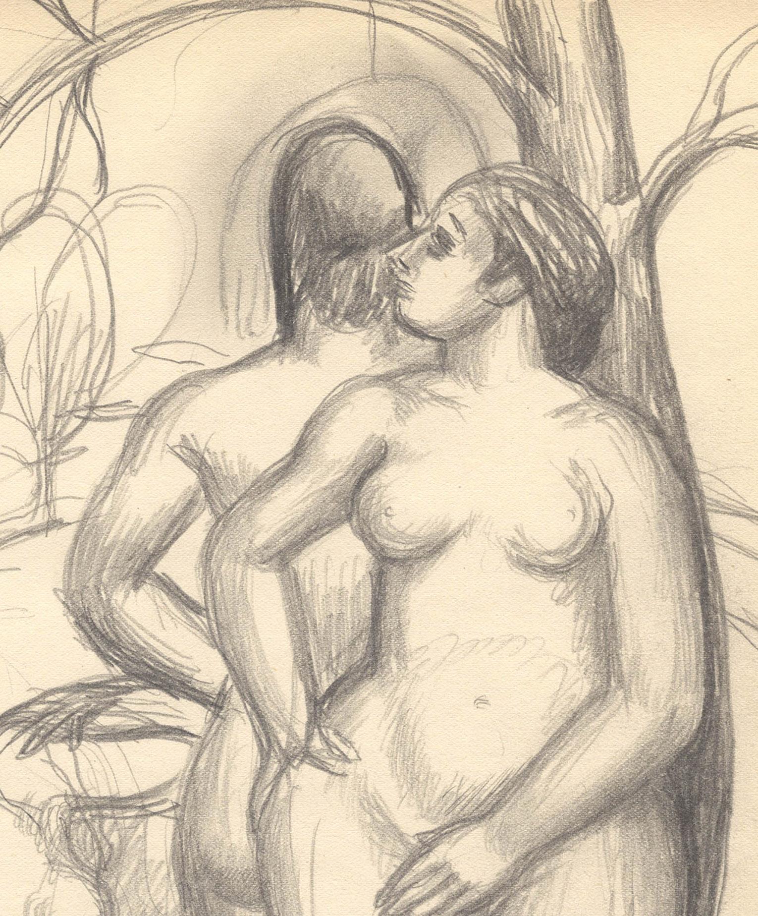 Three Nudes in a Garden
Graphite,  c. 1928-1933
Initialed in pencil lower left (see photo)
Illustrated: Elliott & Wooden, Aaron Bohrod: Figure Sketches, Fige 9, page 32 (see photo)
A copy of the hardbound books accompanies the drawing when