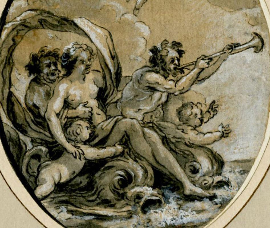 A pair of oval drawings for Ovid, Metamophoses
Left: The Triumph of Amphitrite (Book  I)
Right: Diana and Actaeon (Book III)
From: Ovid, Metamophoses
These mythological studies are after paintings by Simon Vouet (1590-1649) that decorated the
