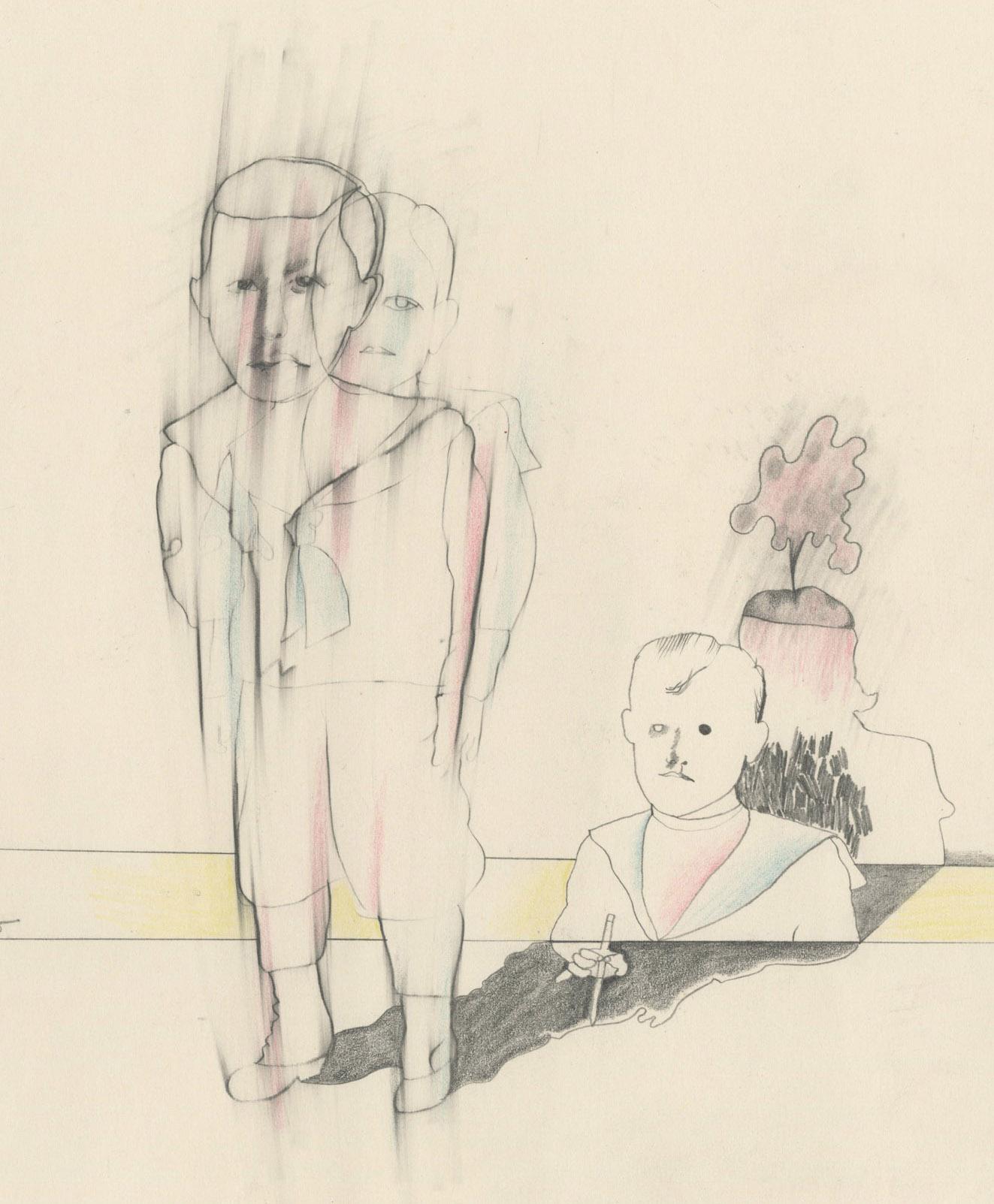 Deux garçons (l'un debout, l'autre assis et dessinant)
Graphite et crayons de couleur sur papier vélin, 1975
Signé et daté en bas à gauche au centre (voir photo)
Condit : Excellent
                  Légère ondulation visible uniquement au
