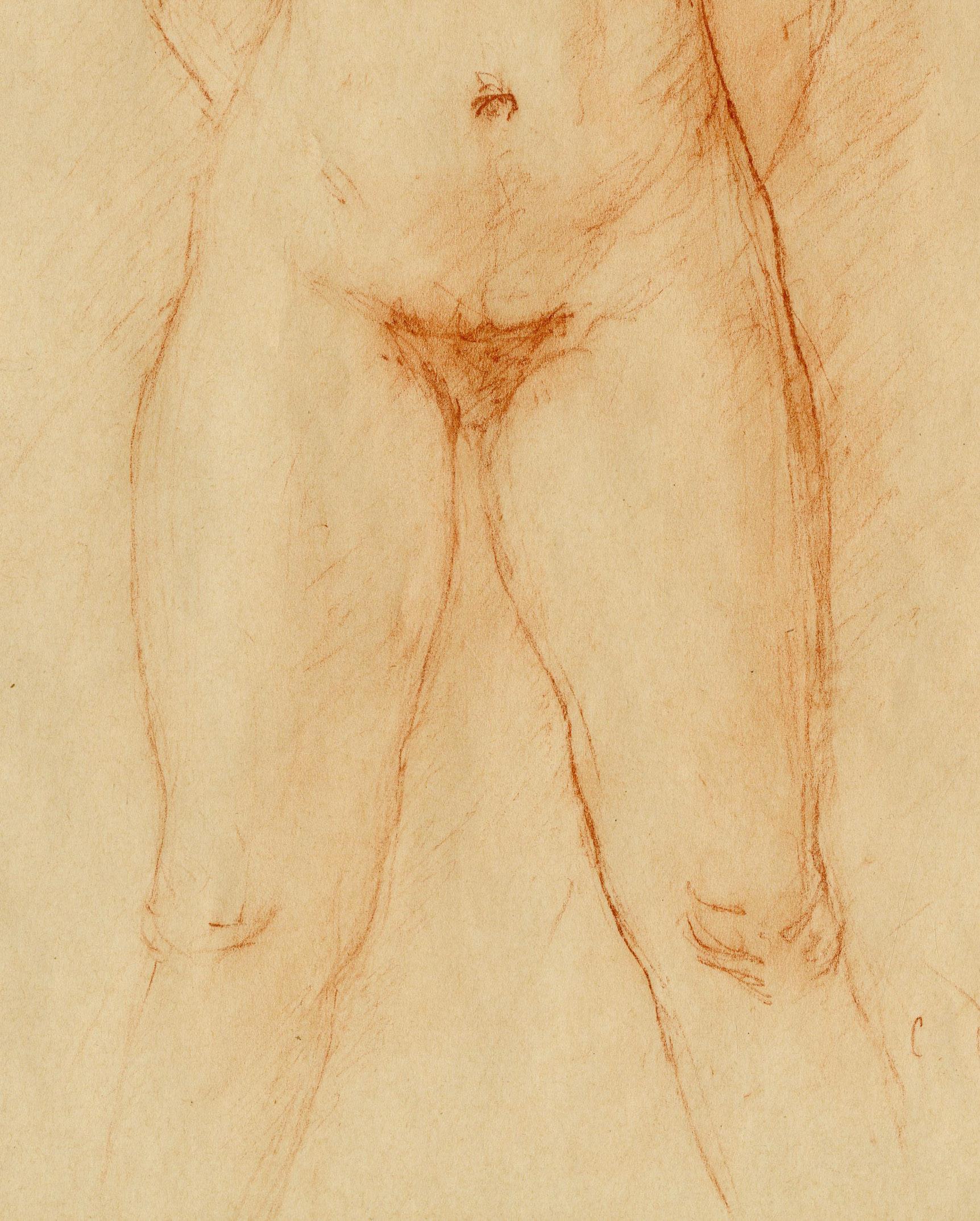 Nu (Standing Female Nude)
Red chalk on wove paper, c. 1925
Signed lower right: C Despaiu (see photo)
Sheet size (folded format): 12 1/8 x 8 5/16 inches
Condition: Very good
Sheet folded in 1/2 prior to creation of this drawing on 1/2 of the