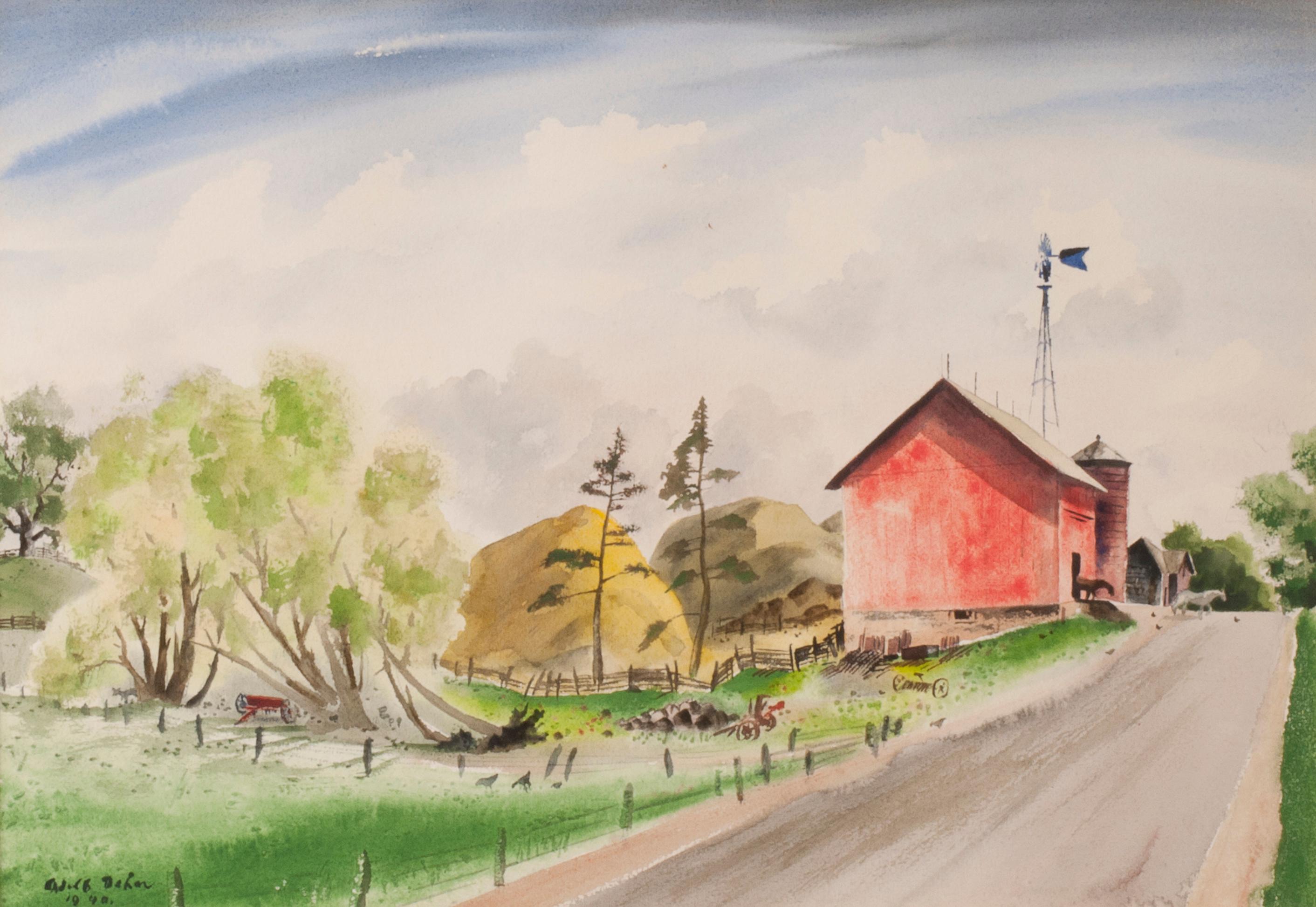 Adolf Dehn Landscape Art - Horses Leaving the Barn