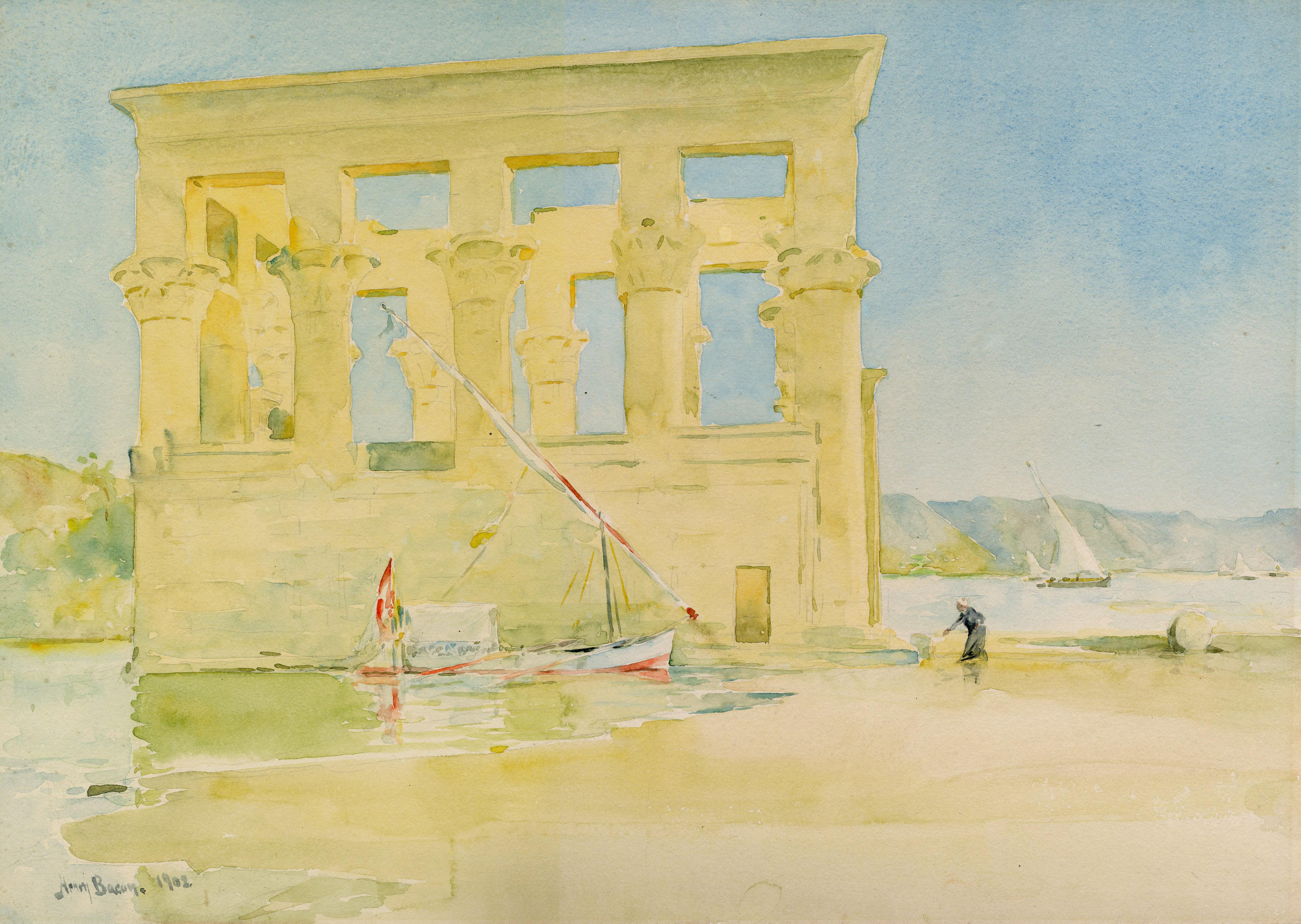 Temple of Isis, Ansicht von Philae (verso) (Amerikanischer Impressionismus), Art, von Henry Bacon