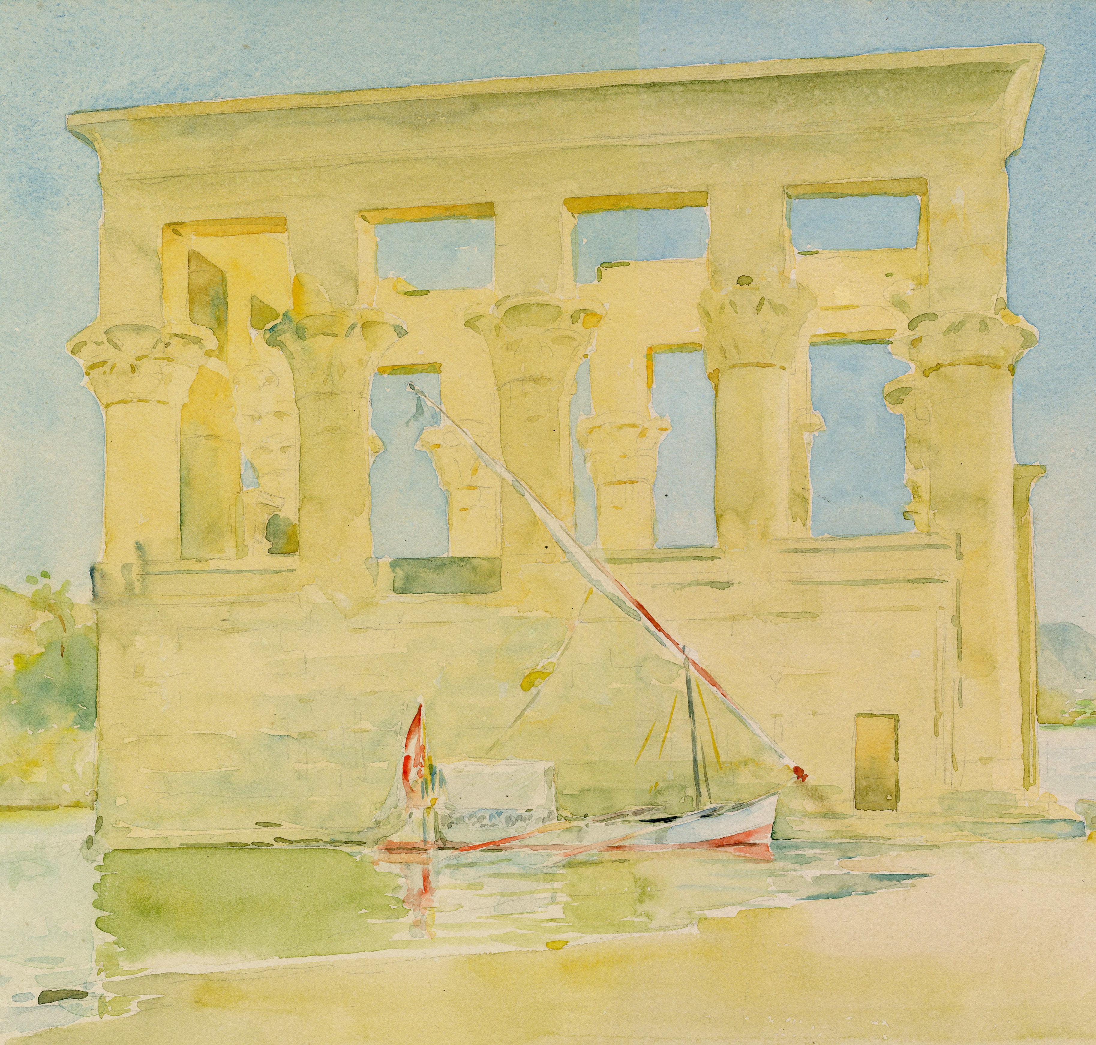 Temple of Isis, View of Philae (verso) - Beige Landscape Art by Henry Bacon