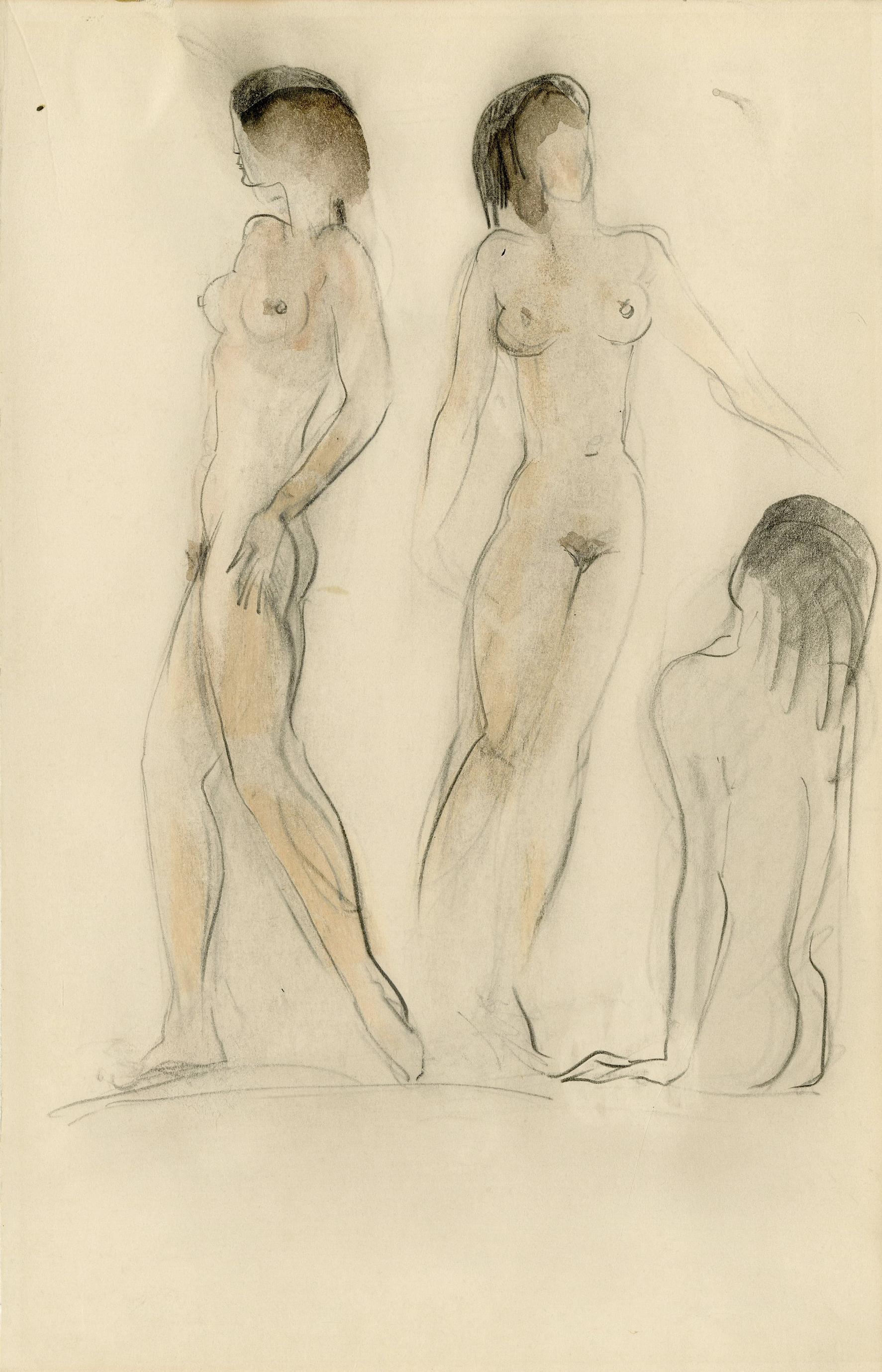 Untitled (Two Standing Nudes, one seated nude) - Art by Boris Lovet-Lorski