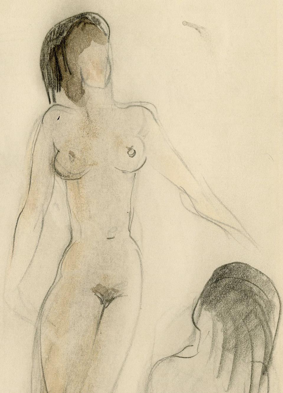 Untitled (Two Standing Nudes, one seated nude)
Graphite on wove paper, heightened with color, c. 1930
Unsigned
From a sketchbook created while the artist was working in Paris
Condition: Very good
Provenance: Estate of the Artist
                    
