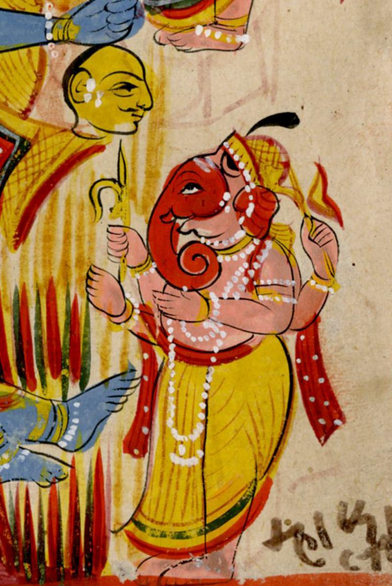 The Dark Aspect of the Great Goddess Devi
Pigment on paper (unfinished), 19th century
Unsigned as is usual
Condition: Good color
                  Voids at edges of the sheet
Image size: 6 x 7 1/4 inches
Provenance: Flora and Elwood Glass, Jr.