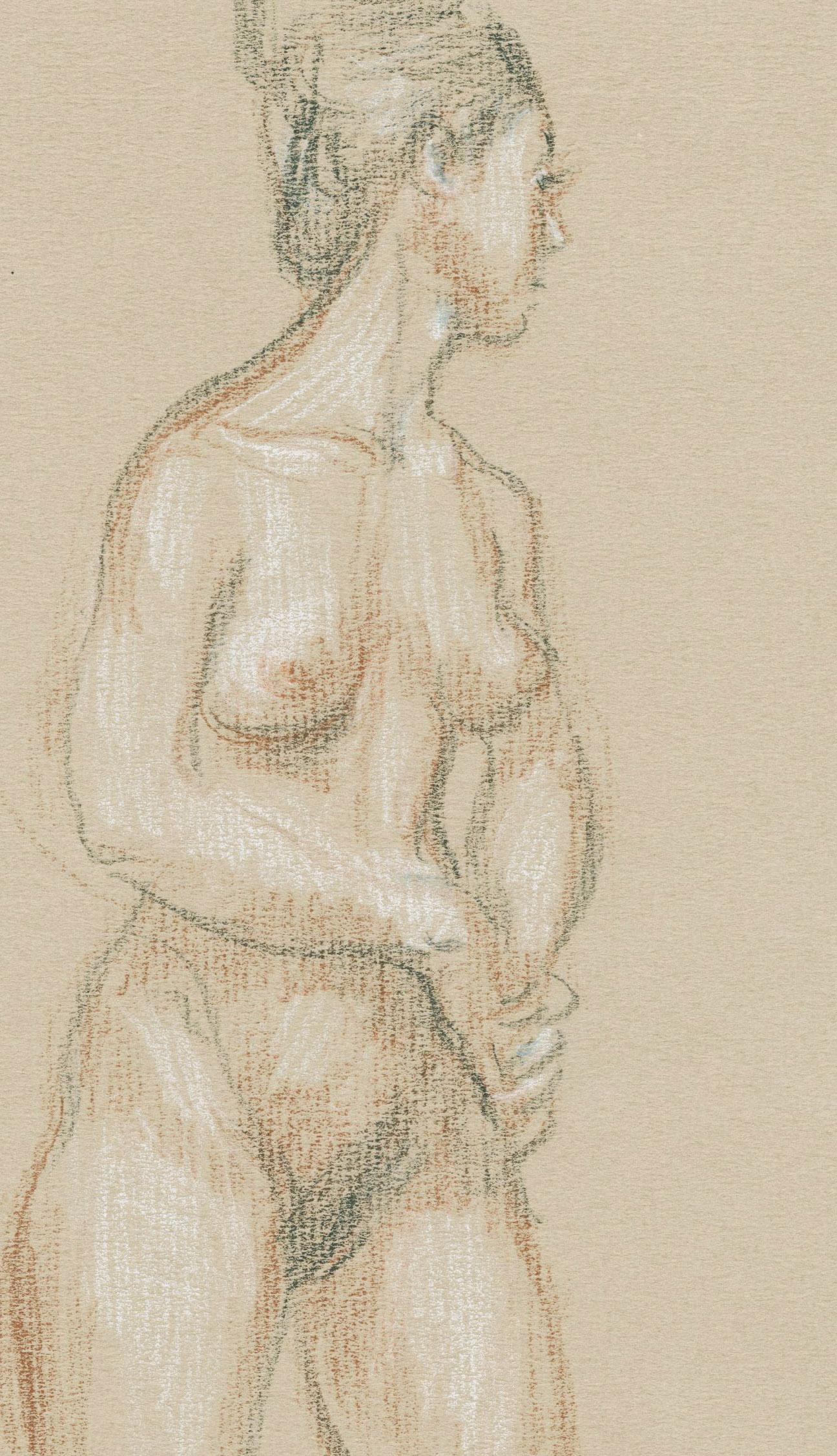 Standing Female Nude
Colored chalks on tan Strathmore paper, c. 1975
Signed in chalk upper right (see photo)
Condition: Excellent
         Housed in an 8 play acid free rag matting
Sheet size: 12 1/2 x 9 1/2 inches
Provenance: Estate of the artist
 