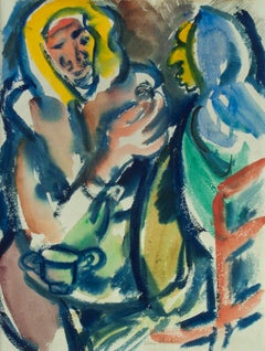 Vintage Untitled (Double sided watercolor)  Recto: Figures seated at a table 