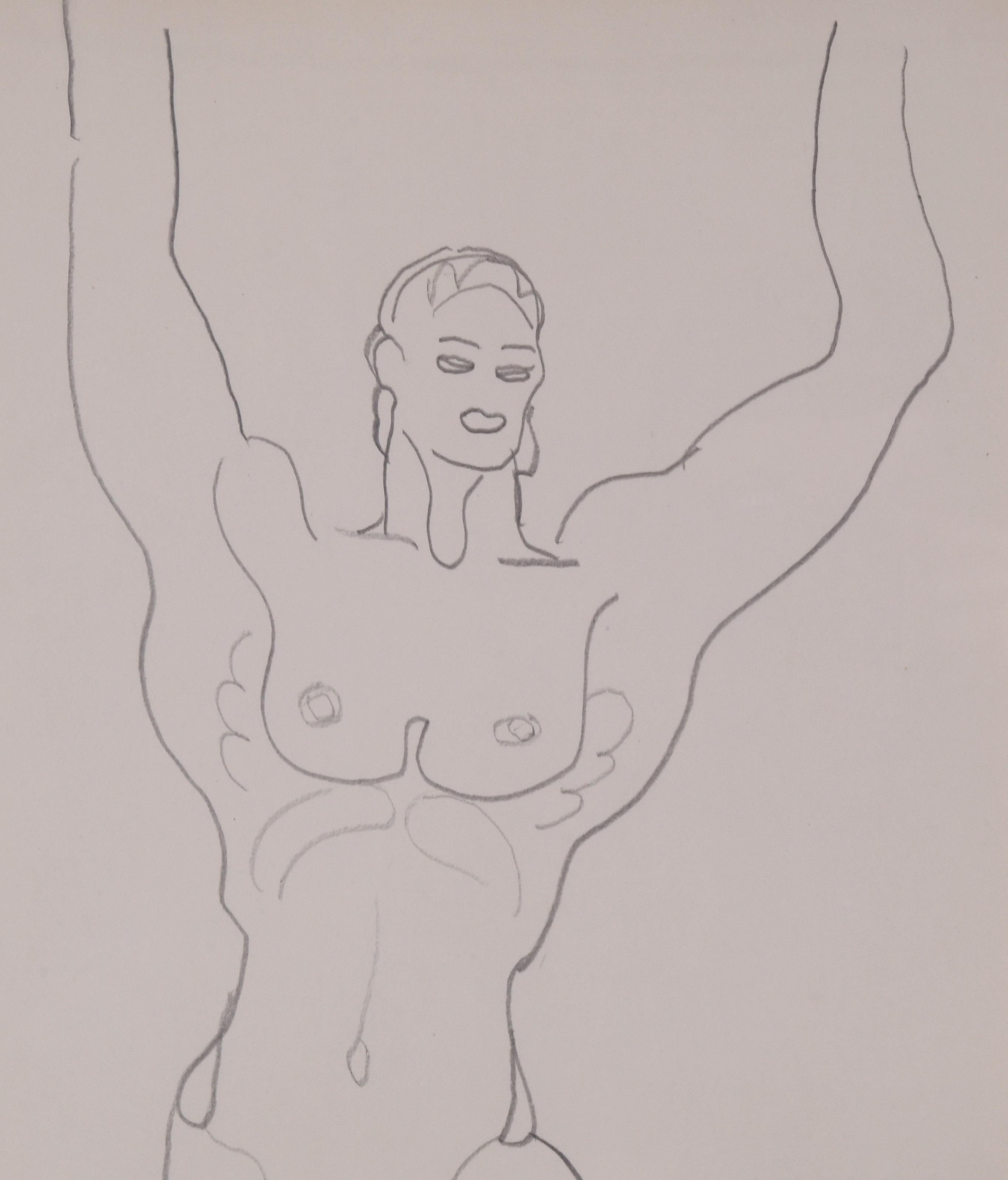 Standing Male Nude, Arms upraised (Kouros)
Graphite on wove paper, c. 1930
Signed lower right (see photo)
Possibly exhibited in May 8-June 1,1973 at Alan Stone Gallery entitled Erotica, which lists Lachaise as one of the artists exhibited. 
Part of